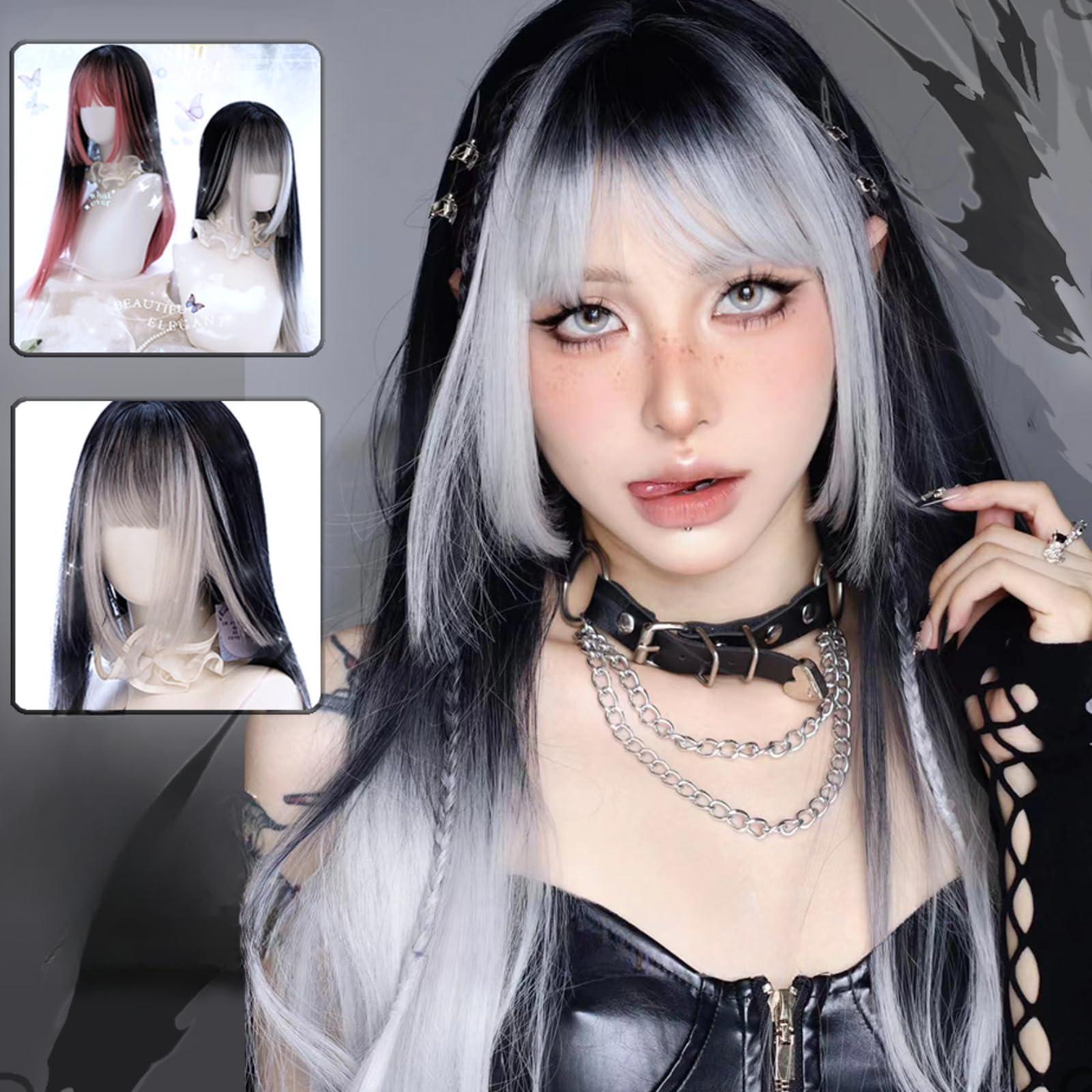 SCORRO SCORRO Hime Cut Split Dye Wig Long Straight Wig with Highlight Bangs, Black Gradient Red Wig, Pink and Black, Purple Black, Gothic Style Y2k Party Wig Lolita Daily Wigs (silver and black)