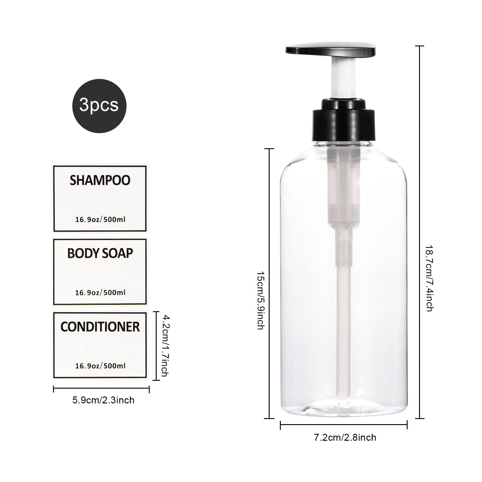 Yeeco Clear Shampoo and Conditioner Bottles,Yeeco Shampoo Pump Bottle Shampoo Bottles Dispenser with Waterproof Labels 16.9oz/500ml 3 Pack for Shampoo and ConditionerBathroom, Kitchen, Hotel