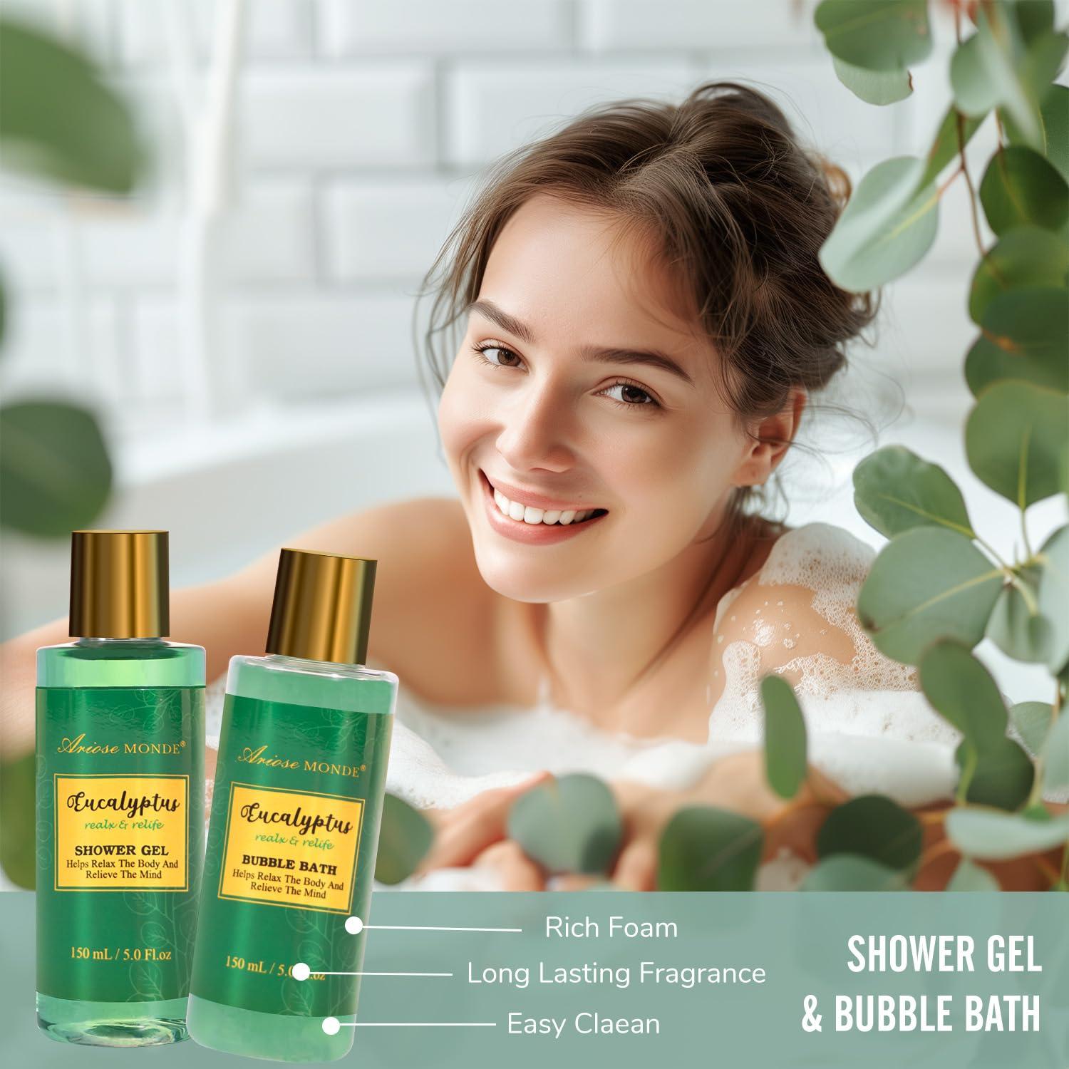 ArioseMonde Gift Baskets for Women, Spa Gifts for Women-13pcs Eucalyptus At Home Spa Kit with Body Salt, Bubble Bath. Relaxing Bath Sets for Women Gift, Birthday Gifts for Women, Mothers Day Gifts for Mom