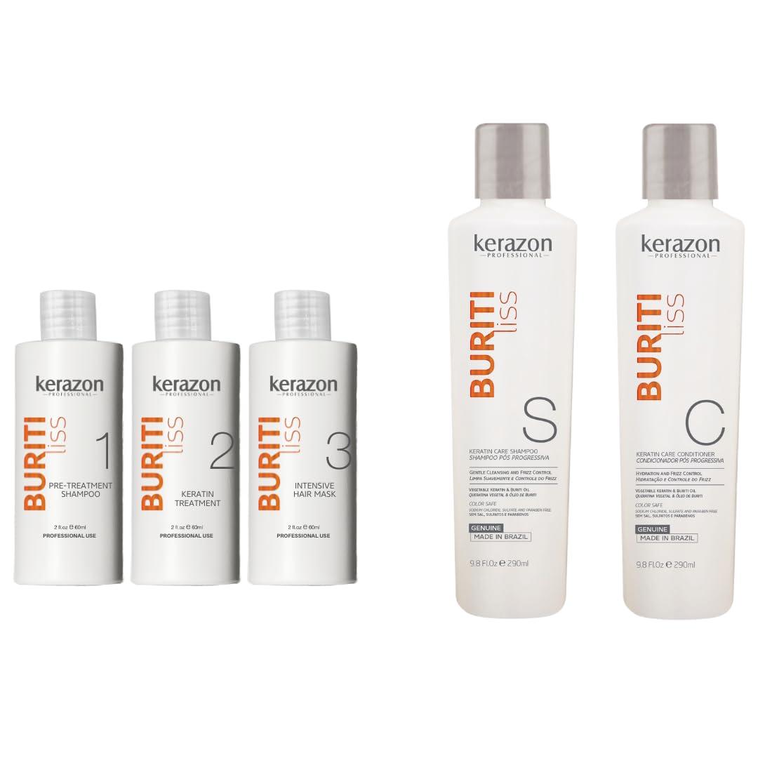 Kerazon Professional Kerazon Buriti Liss Keratin Treatment KIT - Tratamiento de Keratina Queratina Brasilea para Alisar Importada + Sulfate Free and Sodium Free Shampoo & Conditioner KIT