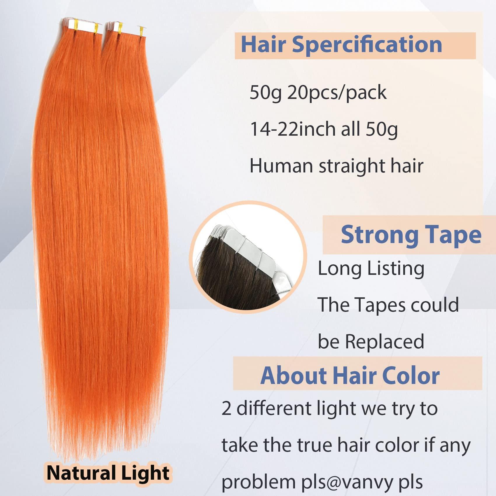 Vanvy 20Inch Orange Tape In Hair Extensions Human Hair Ginger Red Hair