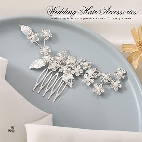 Latious Latious Pearl Bride Wedding Hair Comb Silver Crystal Flower Bridal Hair Clip Leaf Hair Piece Hair Accessories for Women and Girls