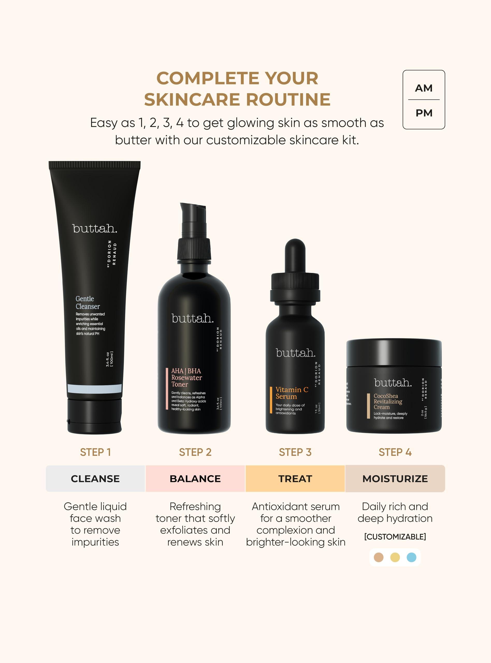 buttah. by Dorion Renaud Buttah Skin Supreme Kit for Melanin Rich Skin | CocoShea Revitalizing Cream 2 oz | Vitamin C Serum 1 oz | Cleanser 3.4 oz | Rosewater Toner 3.4 oz | Black Owned Skincare