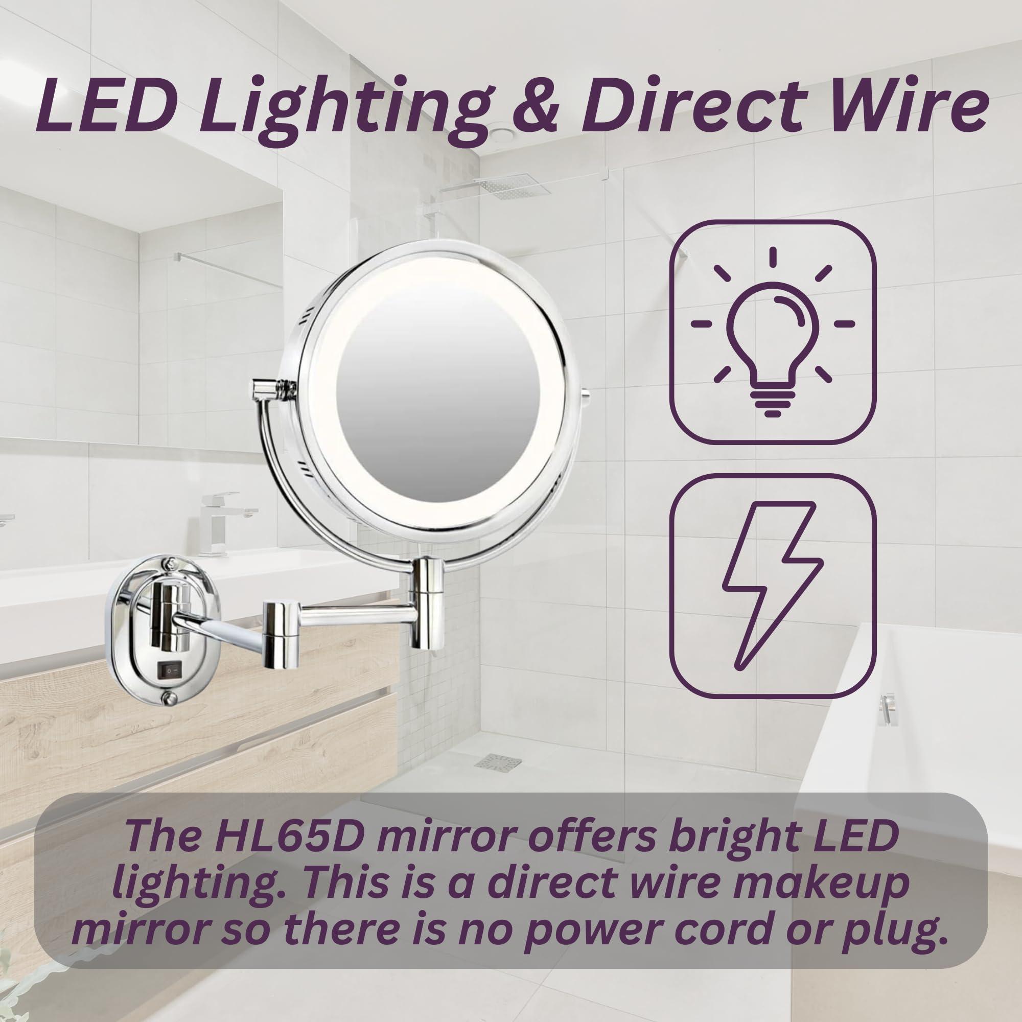 Jerdon JERDON Wall-Mounted Chrome Makeup Mirror with LED Lighting  5X-1X Magnification & 14 Extension - Direct Wire - Model HL65CD