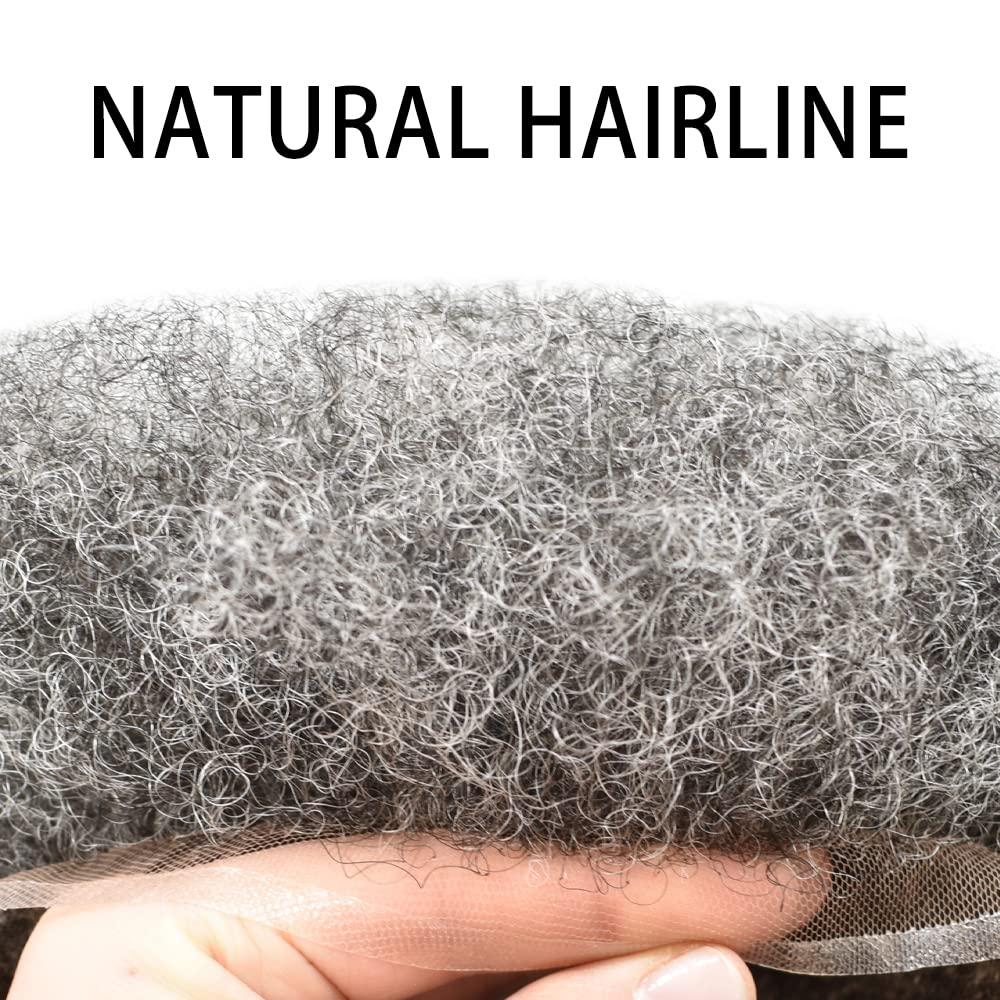 RESHE Wave Hair Unit Black Men Afro Toupee Kinky Curly Hair Replacement System Human Hair Piece For Black Men Afro Hair System African American Toupee 8\'\'X10\'\' 6MM Afro Wave #1B50 #1B OFF BLACK + 50% GREY