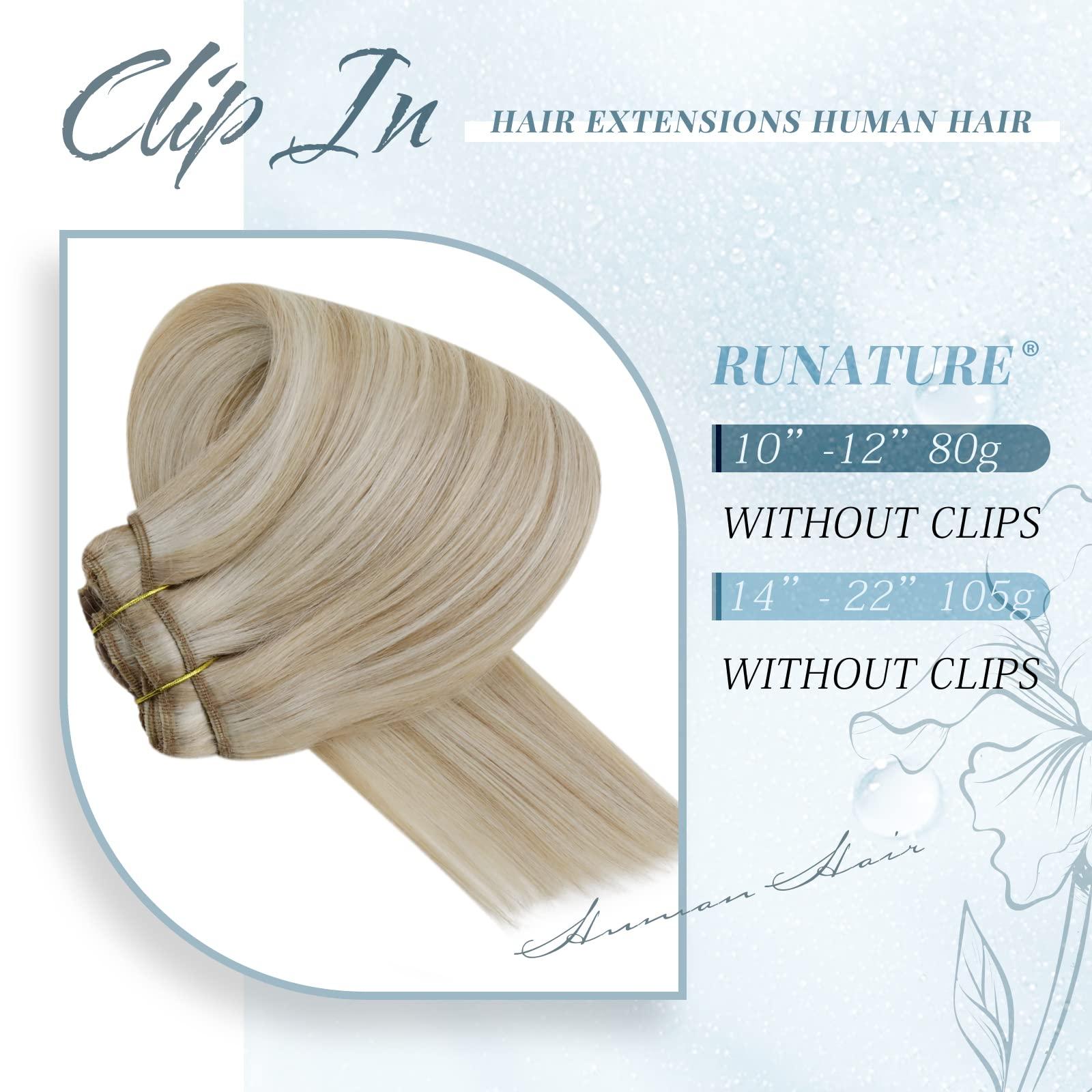 RUNATURE Blonde Hair Extensions Clip in Human Hair Highlighted Platinum Blonde Real Clip in Human Hair Extensions #18P60 and #60 14 Inch 105g