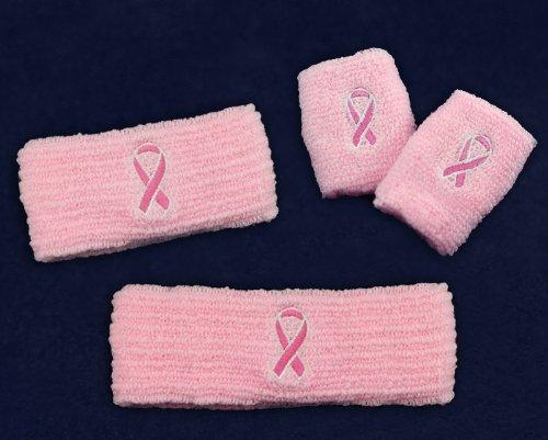 Fundraising For A Cause Pink Ribbon Headband, Armband and Sweatband Bundle Set for Breast Cancer Awareness Events, Sports/Football Games, Fundraising Walks- 1 Set