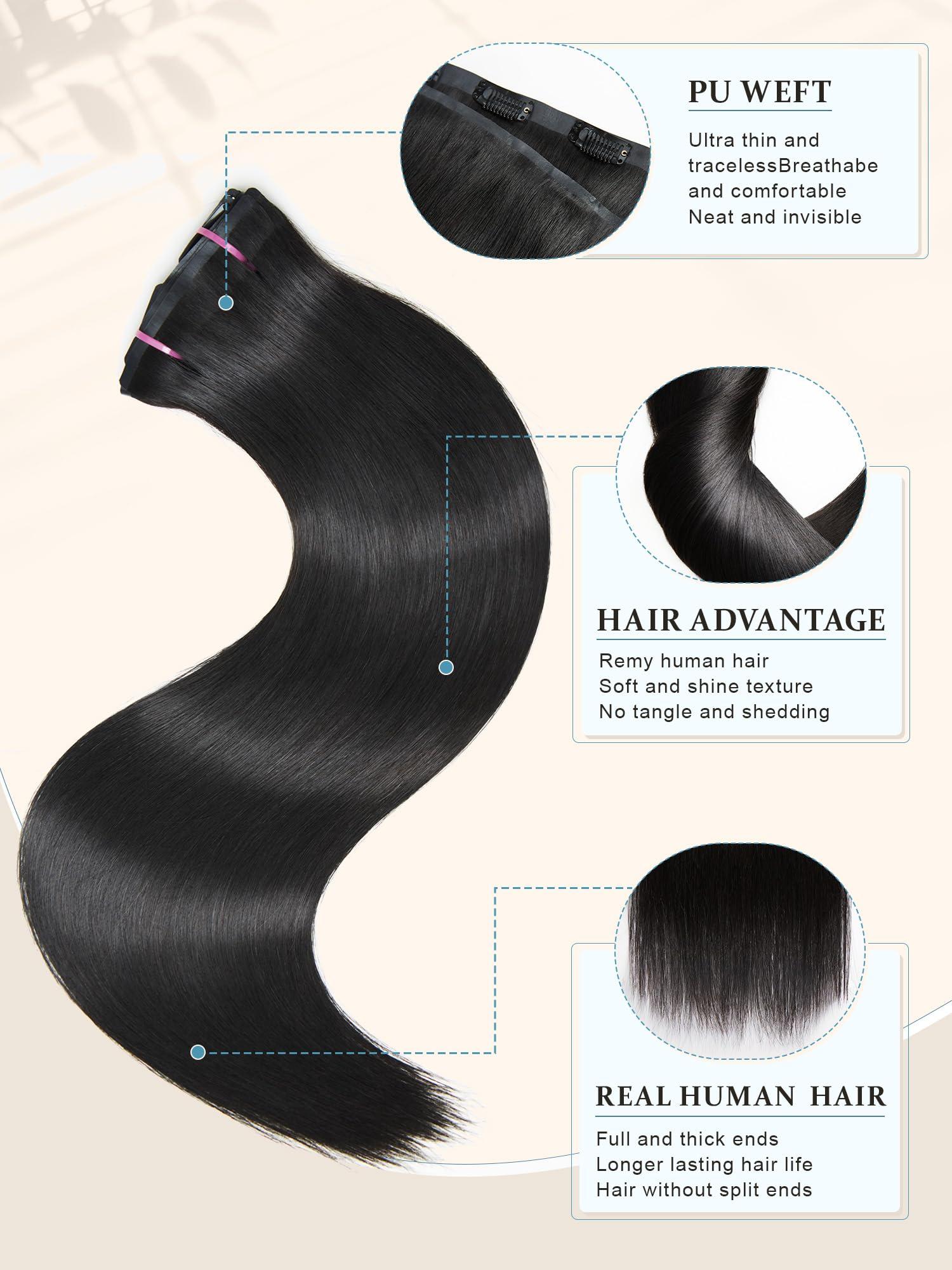 AMYTUD Clip in Hair Extensions Real Human Hair Remy Human Hair Extensions Clip in for Women Natural Human Hair Black 22inch 125g 9Pcs Straight Seamless Clip in Hair Extensions Human Hair