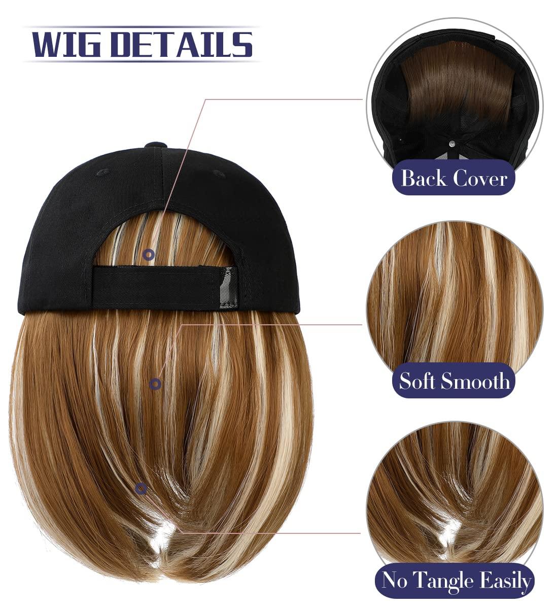 Qlenkay Qlenkay Baseball Cap with Hair Extensions Straight Short Bob Hairstyle Adjustable Removable Wig Hat 14inch for Woman Girl Ginger Brown Mix Bleach Blonde