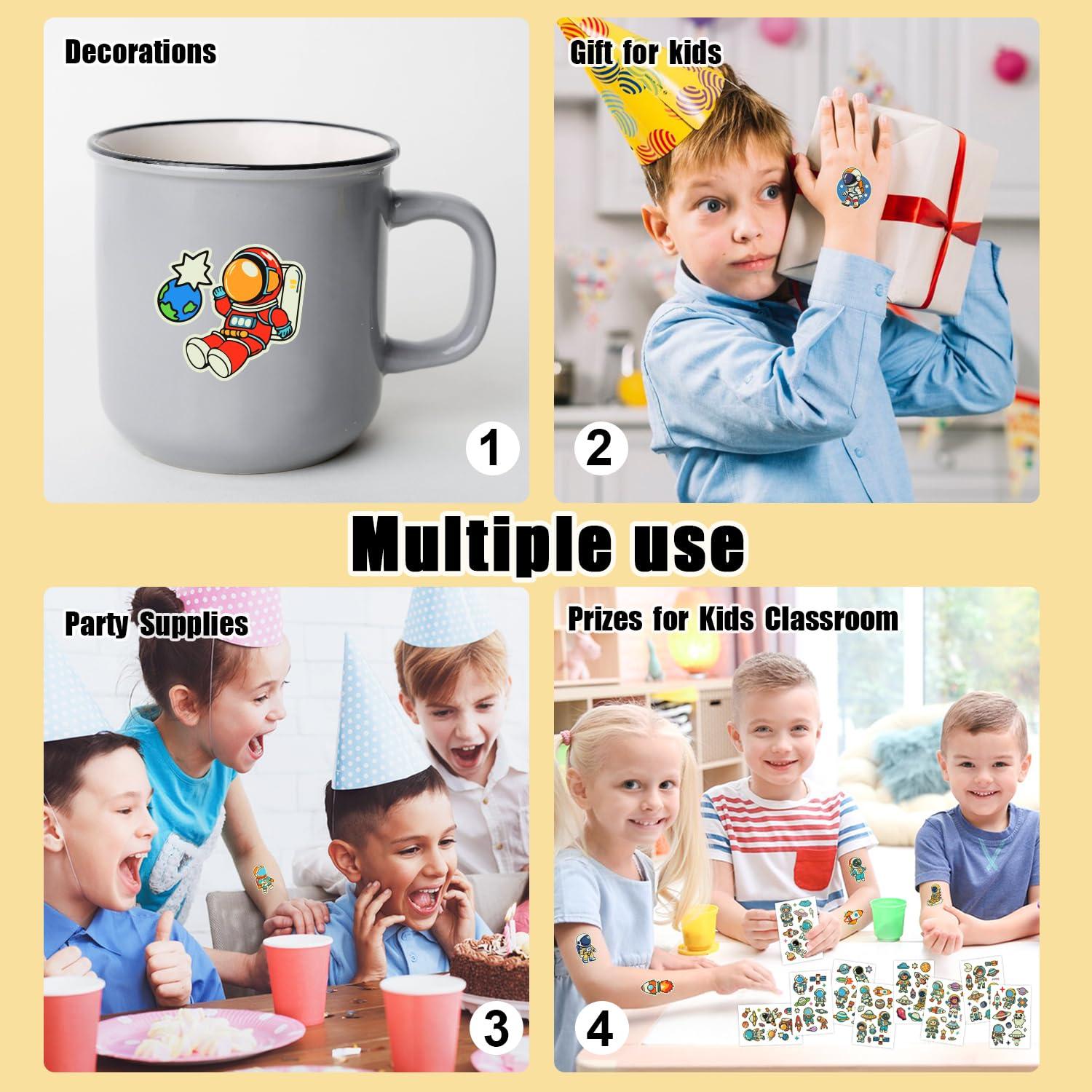 PARTYWIND Partywind Glow Space Tattoos for Kids, 150 Styles Luminous Spaceship Planets Astronaut Fake Tattoo Stickers for Space Birthday Party Supplies, Cute Goodie Bag Stuffers for Boys