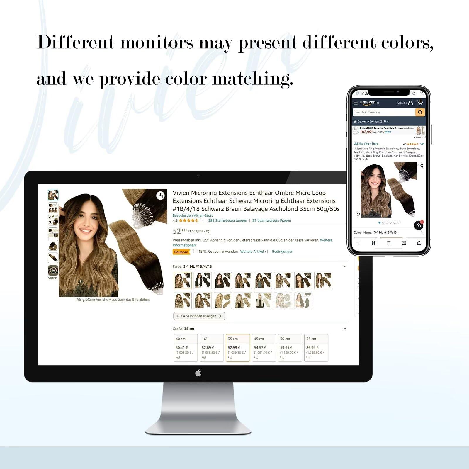 Vivien Vivien Micro Loop Hair Extensions Human Hair Ombre Micro Ring Hair Extensions Real Human Hair Natural Black to Brwon with Ash Blonde Micro Bead Human Hair Extensions 14 Inch 50G/50S