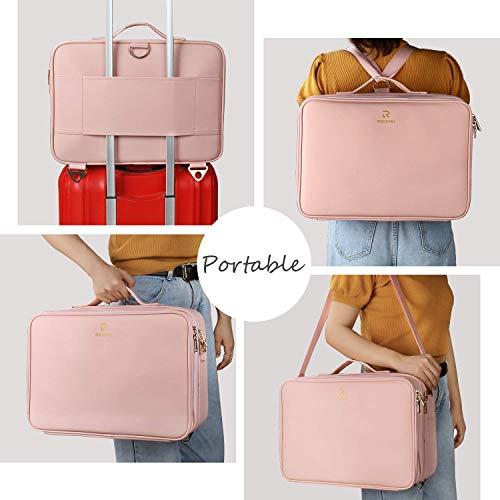Relavel Relavel Makeup Case Large Makeup Bag Professional Train Case 16.5 inches Travel Cosmetic Organizer Brush Holder Waterproof Makeup Artist Storage Box, 3 Layer Large with Adjustable Strap (Pink)
