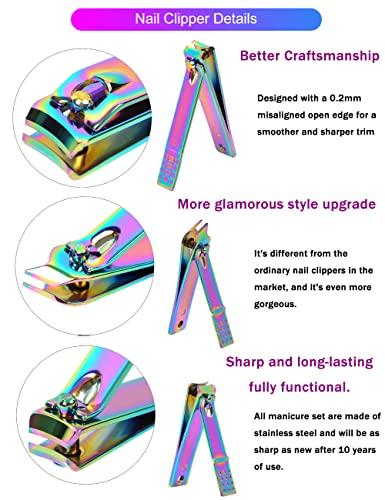 SFYDOM Manicure Set Professional Nail Clippers Kit Pedicure Care Tools- Stainless Steel Women Grooming Kit 18Pcs for Travel or Home (Dot Pattern - Rainbow)