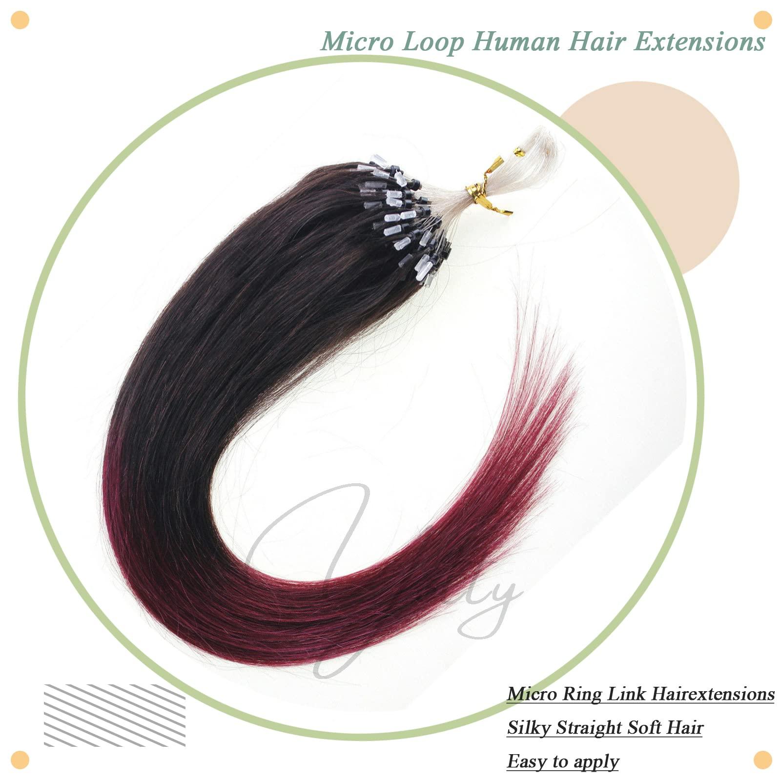 Yotty Yotty Micro Ring Human Hair Extensions Micro Beads Link Micro Loop Remy Hair Extensions Ombre Color Off Black to Burgundy Red 26inch 100strands per pack 50g
