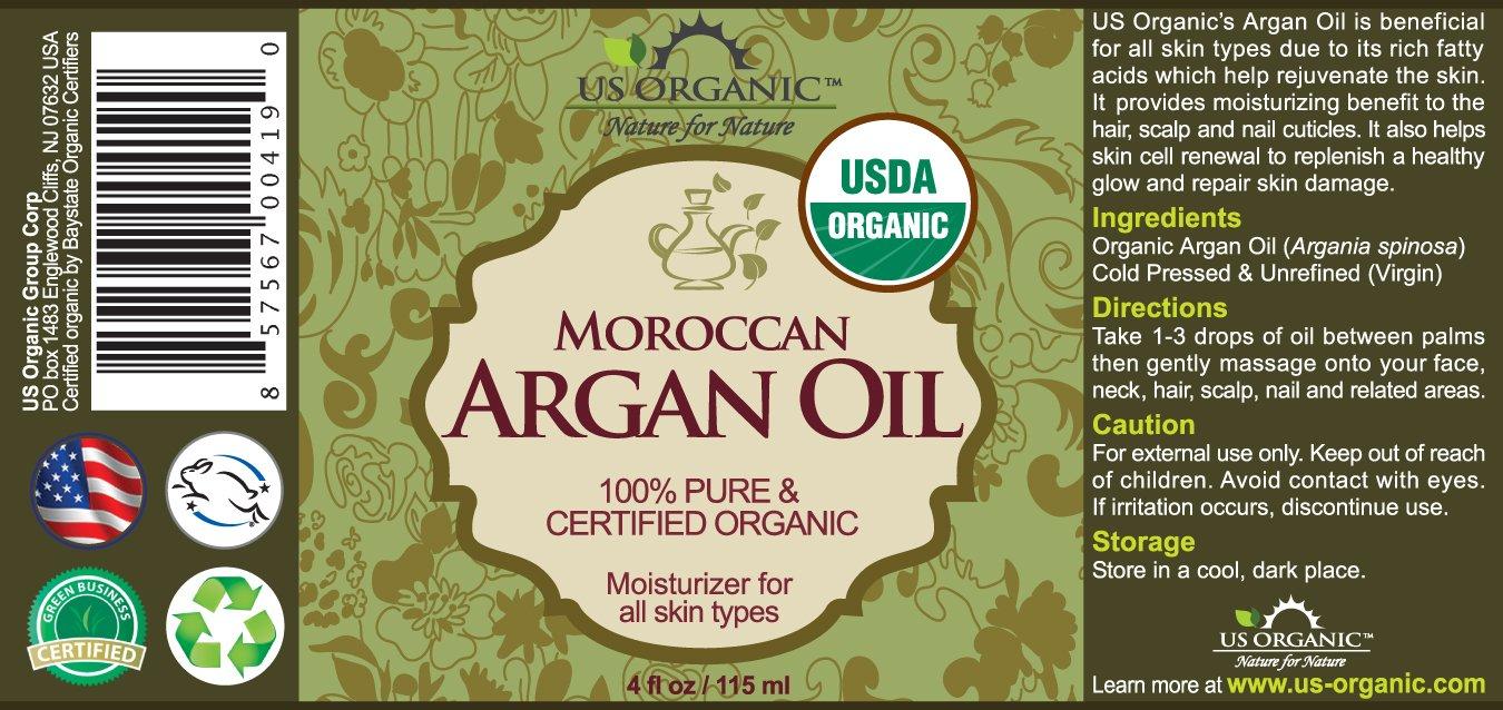 US Organic US Organic Moroccan Argan Oil, Cold-Pressed Virgin, USDA Certified, 100% Pure, Unrefined, for Hair, Skin, Nail & Cuticle Care, in Amber Glass Bottle, Sourced from Morocco (4 oz (Large))