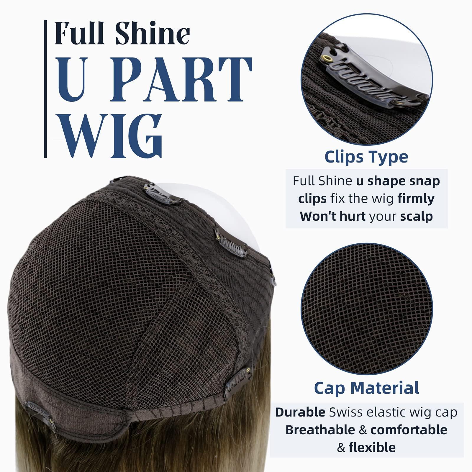 Full Shine Full Shine U Part Human Hair Wigs Half Wig With Clip Ins Middle Part Remy Hair U Part Wigs Ombre Balayage Brown with Blonde Human Hair Wigs 150Grams 20Inch