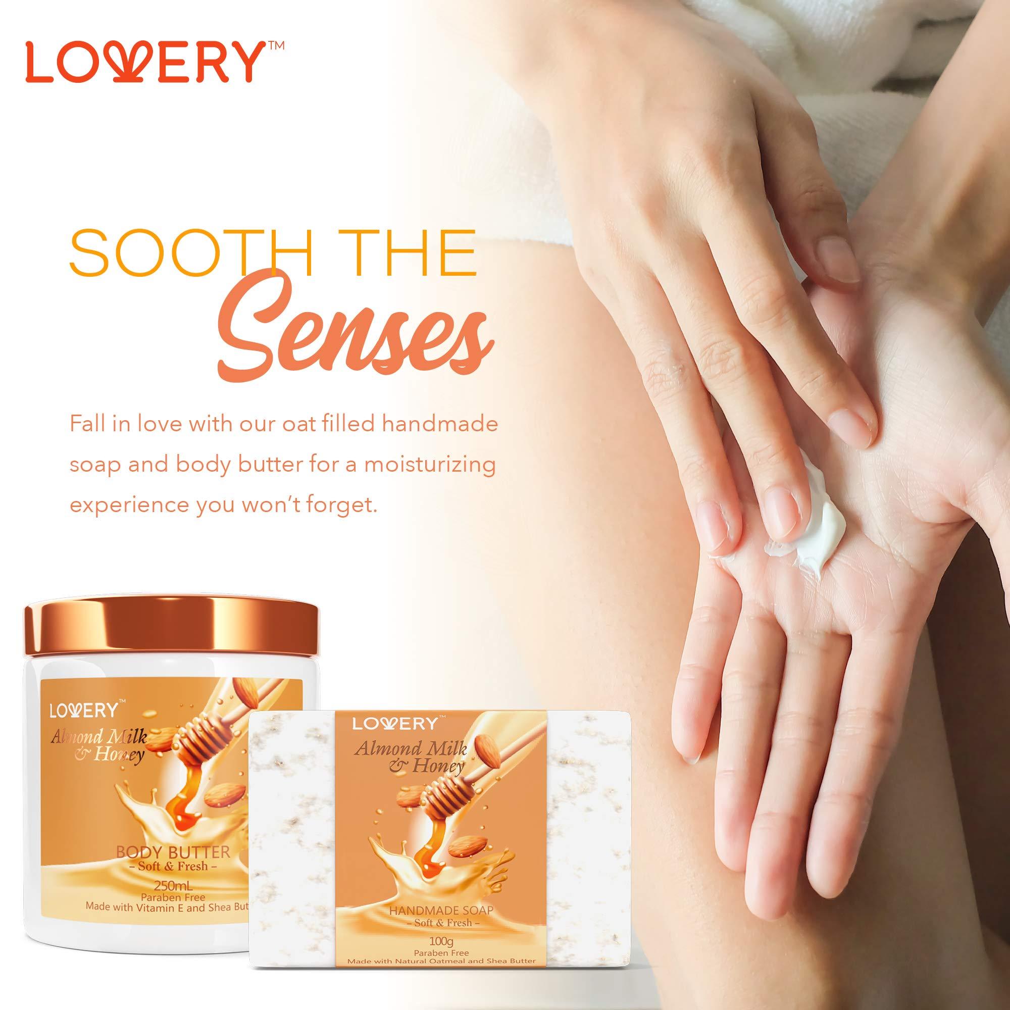 LOVERY Valentines Bath Gift Set, Almond Milk & Honey Spa Kit, Shower Gel, Bath Bomb, Bubble Bath, Body Scrub, Salts, Body Butter, Jojoba Oil & Handmade Oatmeal Soap, Birthday & Holiday Gifts for Women & Men