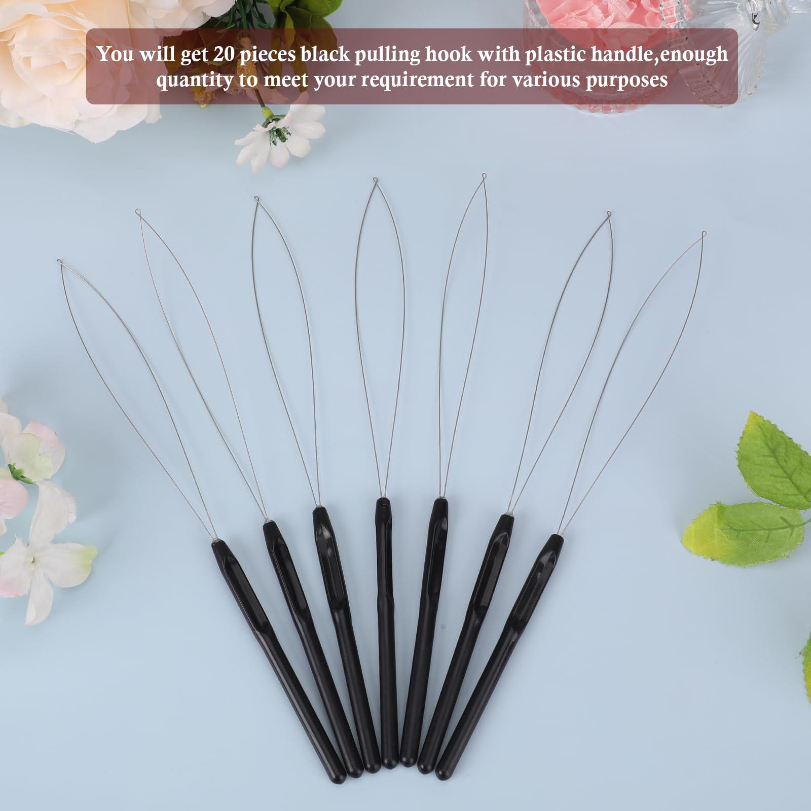 KALIONE 20Pcs Hair Extension Loop Needle Threader Pulling Hook Tool Wire Pulling Hook Tool for Hair Extension, Black Loop Threader for Hair Feather, Bead and Hair Extensions Loop Tools