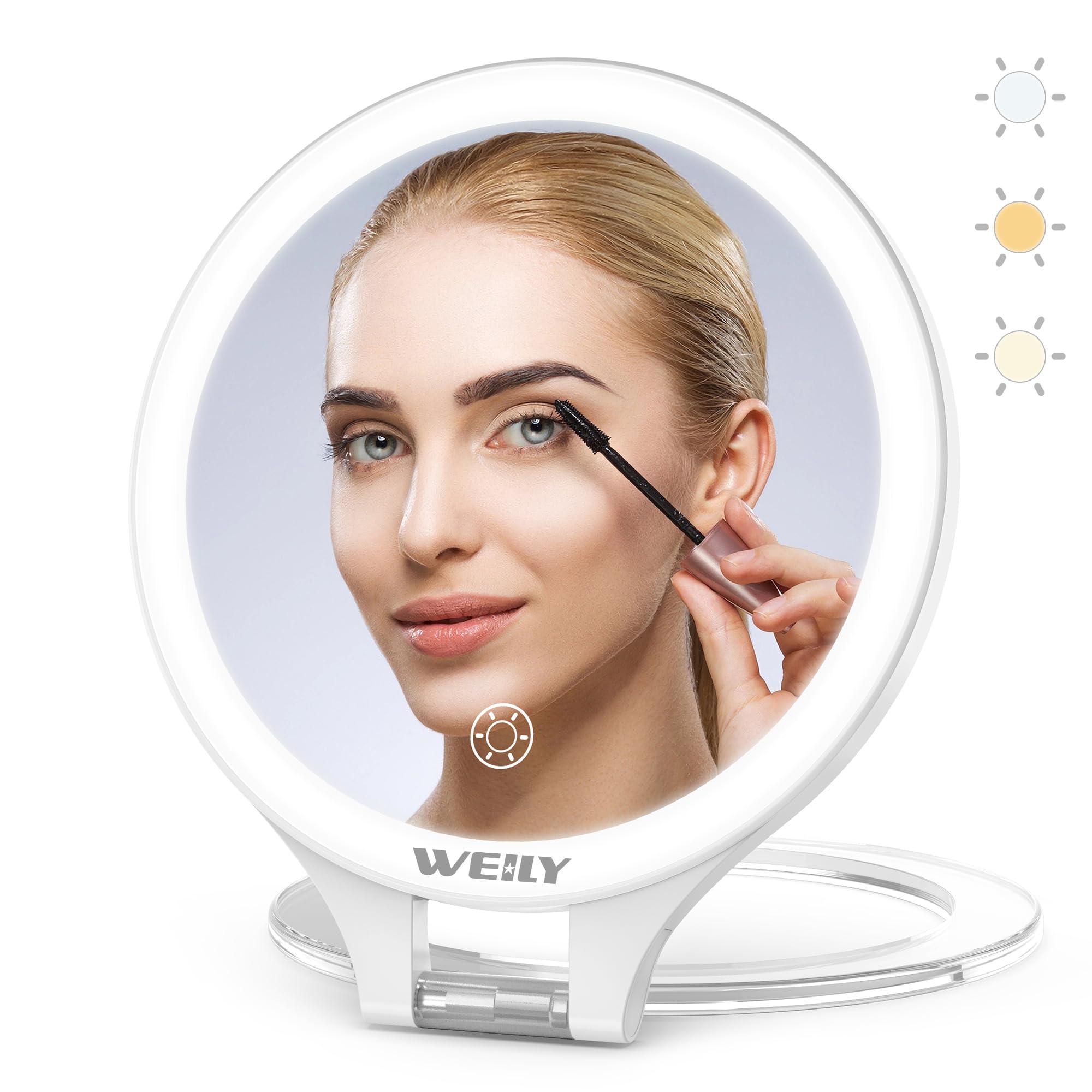 WEILY WEILY Magnifying Mirror with Light, 10X/1X Magnification Double-Sided Travel Makeup Mirror, with 3 Color Lights, Touch Control, Rechargeable Portable Mirror for Bedroom, Bathroom (White)