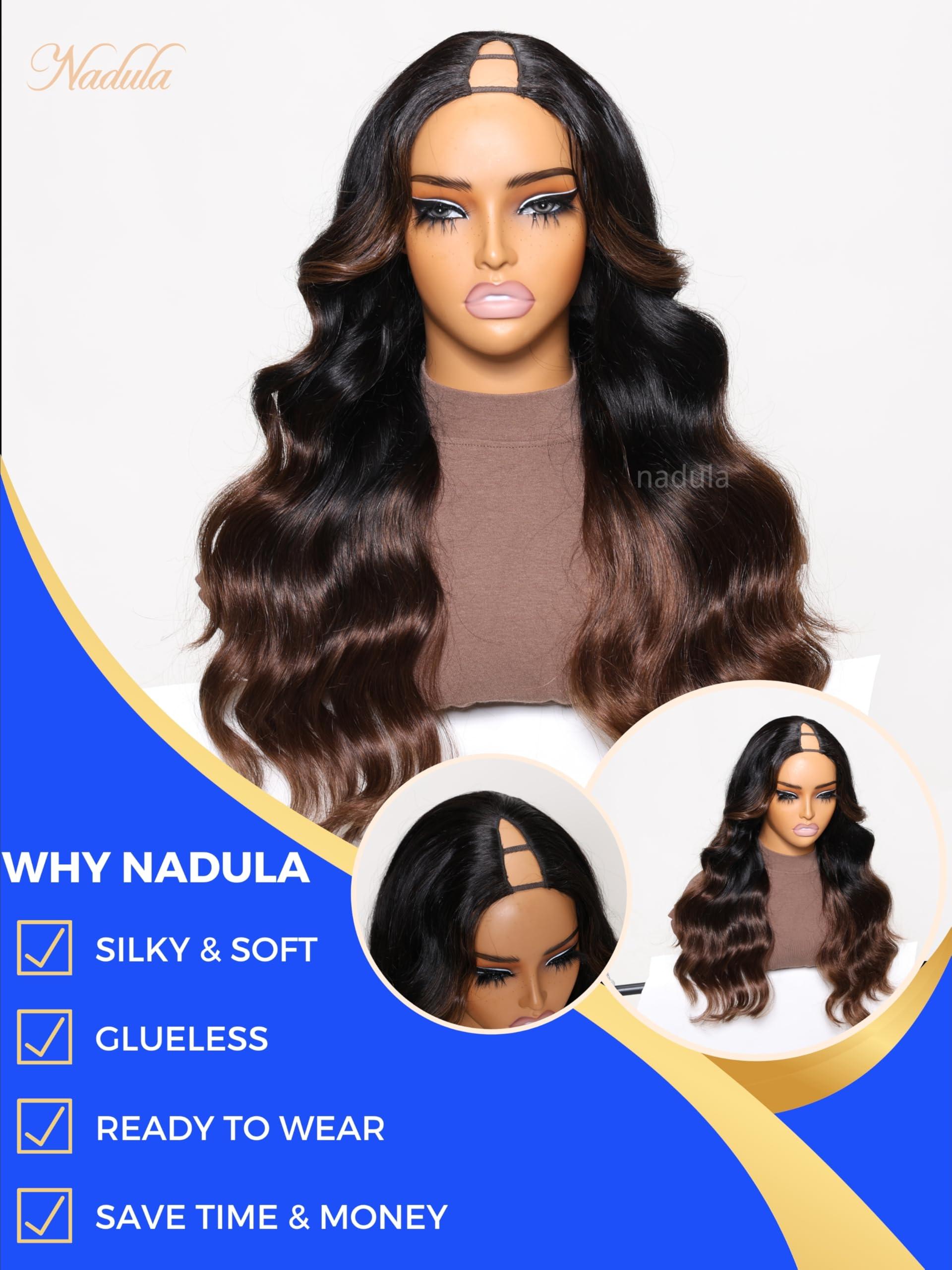 Nadula Nadula Highlight V Part Body Wave Wigs Human Hair No Leave Out Black to Chestnut Brown Ombre Upgrade U Part Wigs, 12A Glueless Ombre V-part Wavy Wigs Clip in Half Wig Ready to Go 180% Density 24inch
