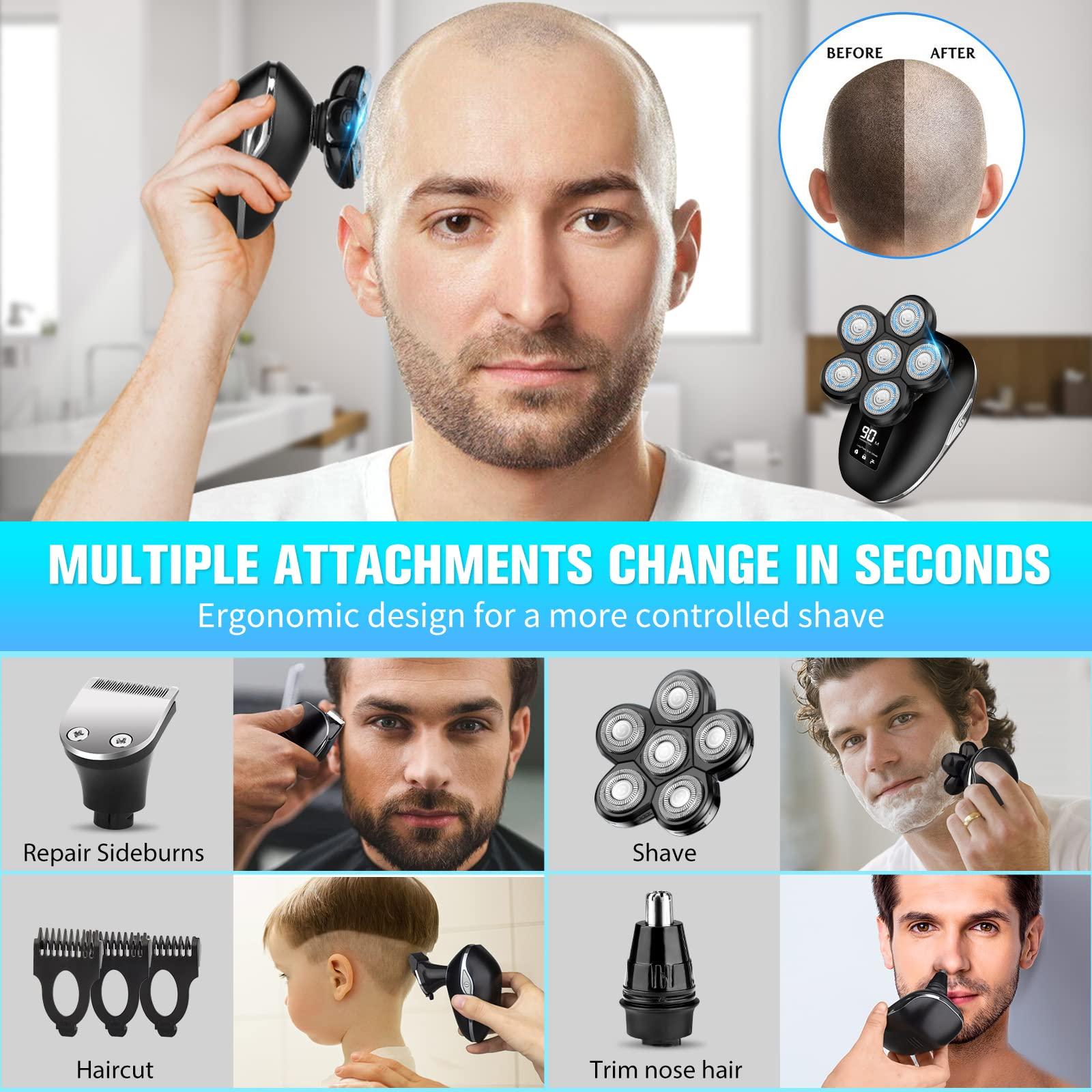 Sakioo Electric Head Shaver for Bald Men, 6 in 1 Mens Electric Head Razor Bald Head Shaver Cordless Electric Razor Men, IPX7 Wet/Dry Waterproof Skull Shaver with Head Shaver Kit LED Display