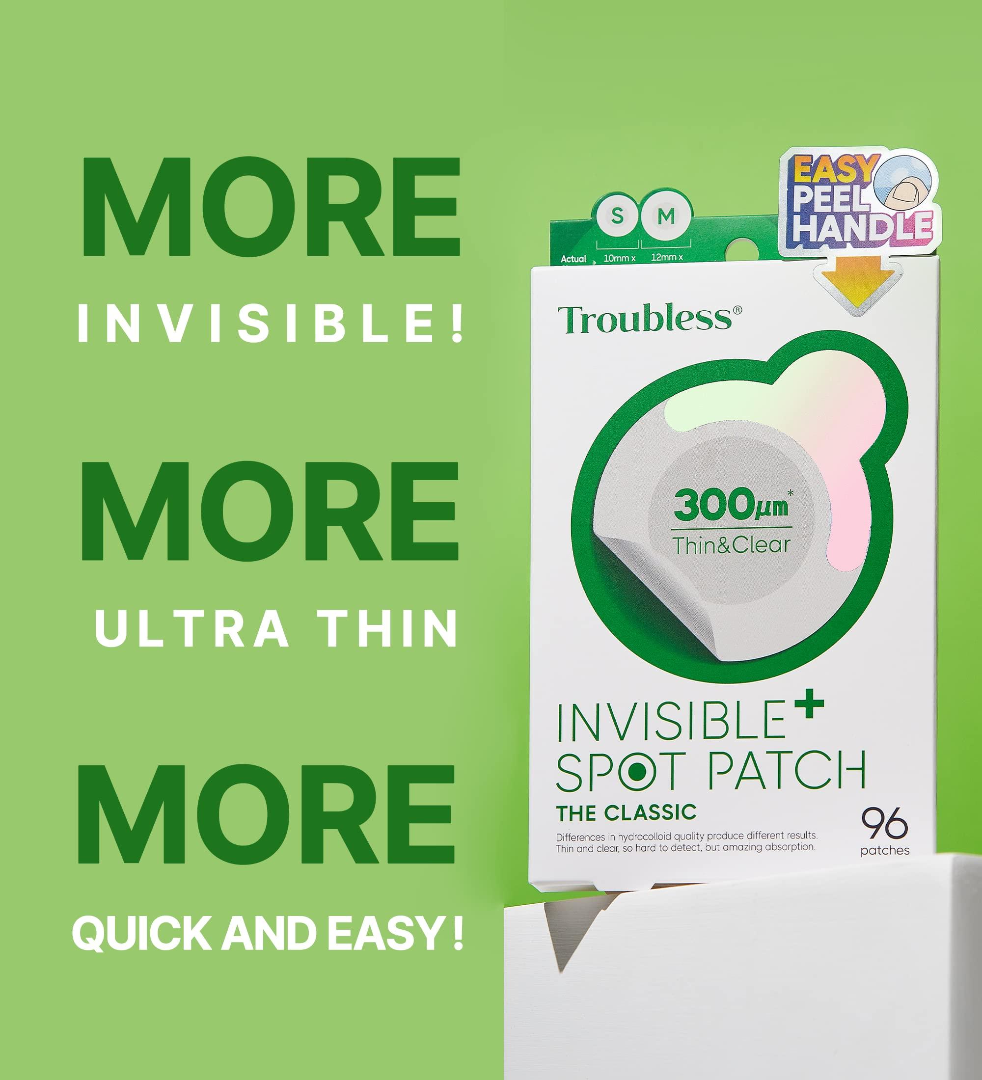 Troubless Troubless Invisible Pimple Spot Patch - Classic, Hydrocolloid Acne Patches for Face | Ultra Thin Acne Patches with Easy Peel Handle | Overnight Pimple Patches | 2 Sizes, 96 Count (Pack of 1)