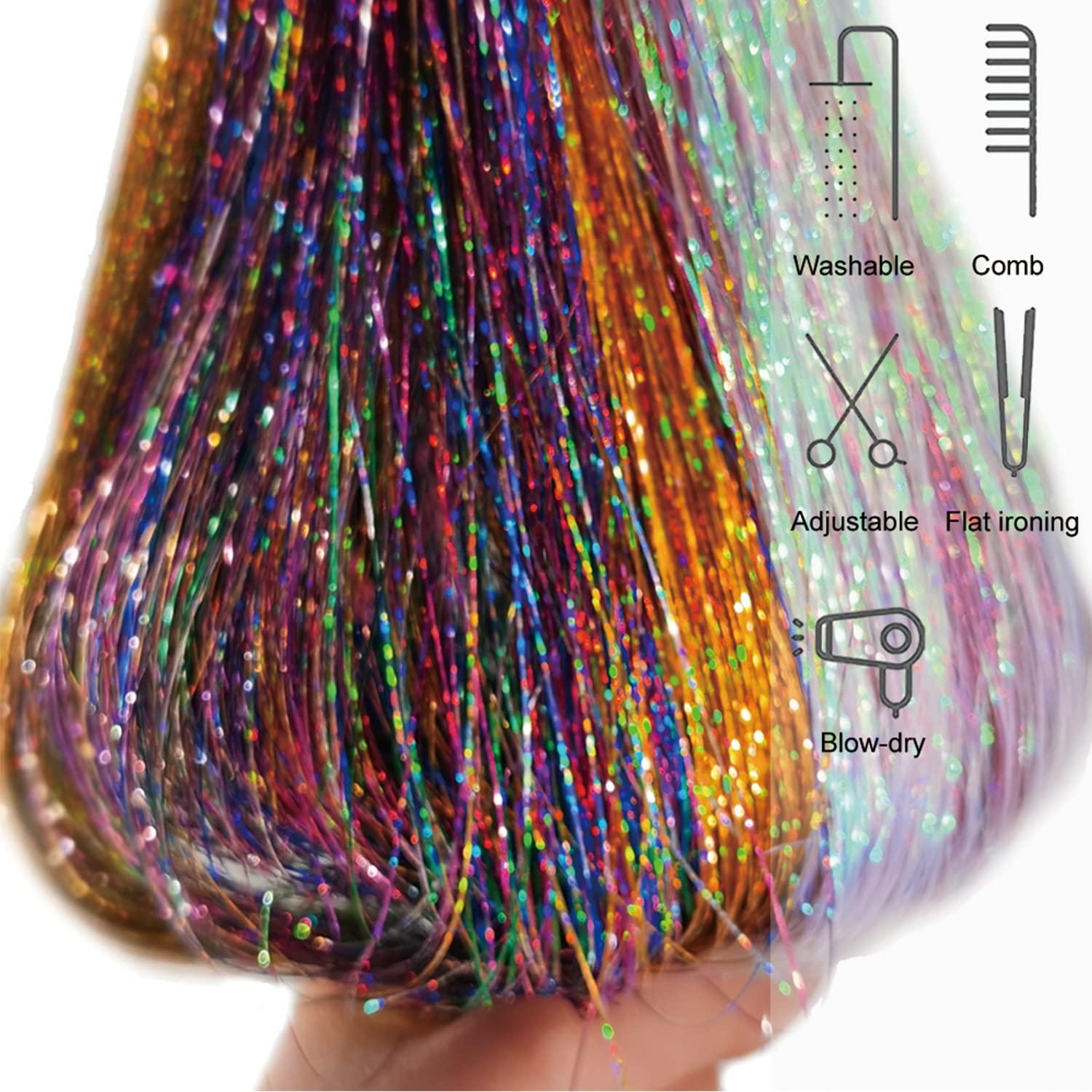 YOOONXI White Pink Hair Tinsel Kit with Tool 6pcs 1200 Strands Glitter Tinsel Hair Extensions Heat Resistant Sparkling Shiny Fairy Hair Accessories for Women Girls Kids 47Inch
