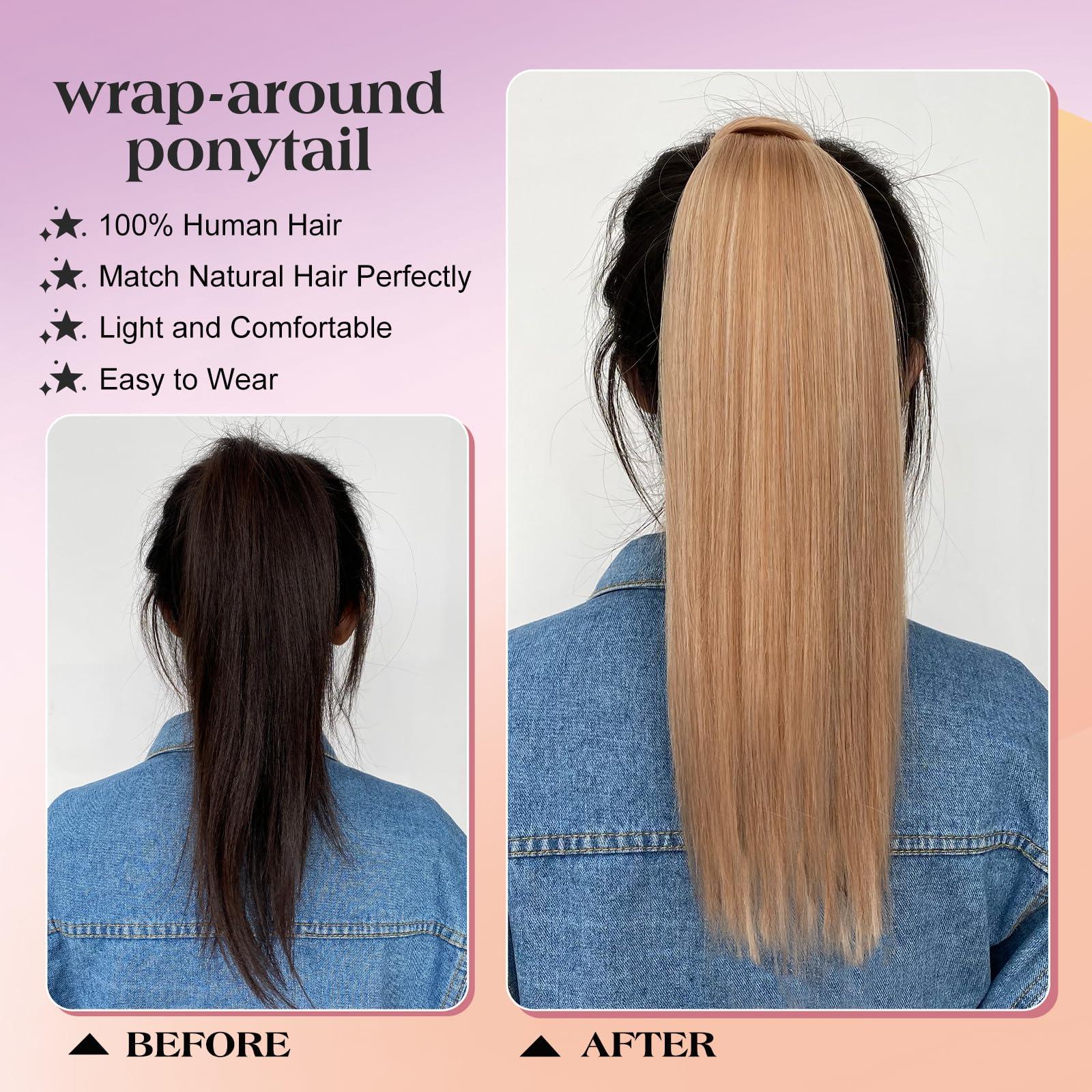 royaomis Royaomis Ponytail Extension Human Hair Extension - Velcro Wrap Around Long Straight Real Hair Pony Tail Extensions with Magic Paste