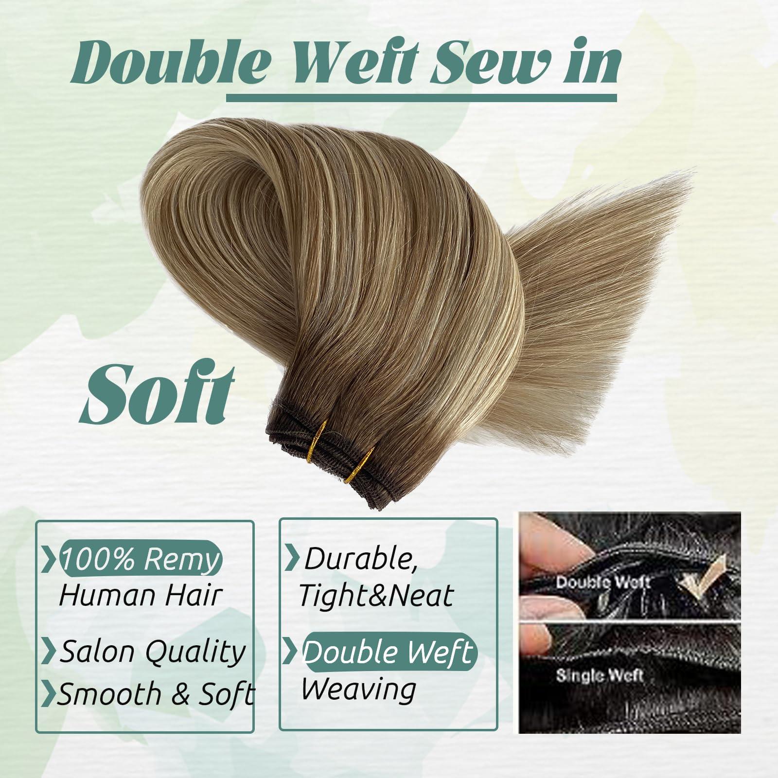 Smavida Ombre Blonde Hair Extensions Sew in Human Hair,14 Inch Light Brown Mixed Platinum Blonde Highlights Blonde Sew in Hair Extensions Real Human Hair Balayage Remy Human Hair Weaves for Women Full Ends