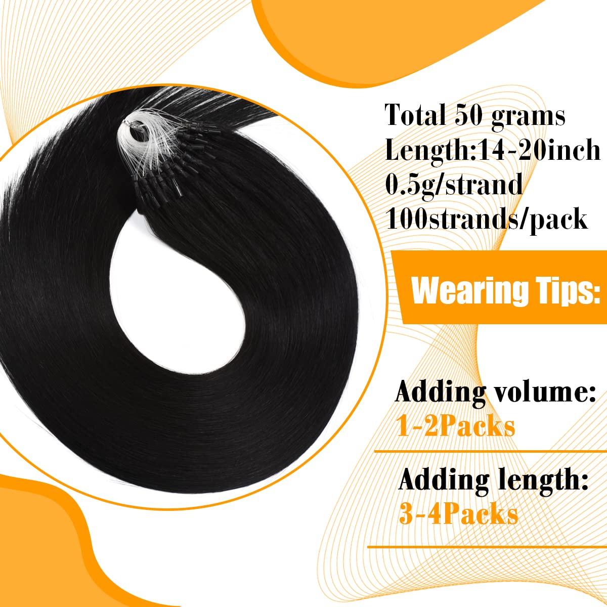 Jinyisong Micro Link Hair Extensions Human Hair 18 Inch Bead In Hair Extensions Micro Loop Human Hair Extension 0.5g/s 50g Invisible Beaded Hair Extensions #1 Jet Black