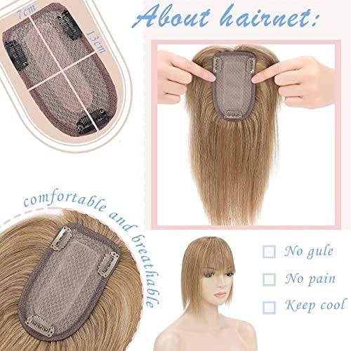Benehair Benehair Clip in Hair Topper with Bangs Secret Topper Wiglet 100% Human Hair Clip in Top Hairpieces Fringe Bang Replacement Wiglet for Womem with Thinning Hair #27 Dark Blonde 10inch 33g