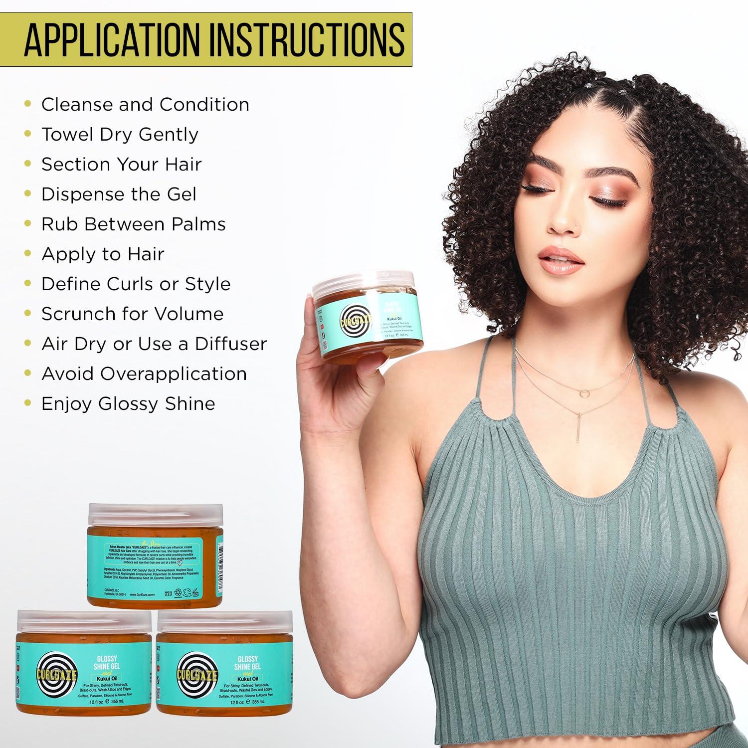 Curldaze Curldaze Glossy Shine Gel with Kukui Oil, Vitamins A, C, & E, Defines Curls in Twist-Outs, Braid-Outs, Wash & Gos, Controls Frizz & Edges, Shines, Moisturizes, Protects & Renews Dry or Damaged Hair