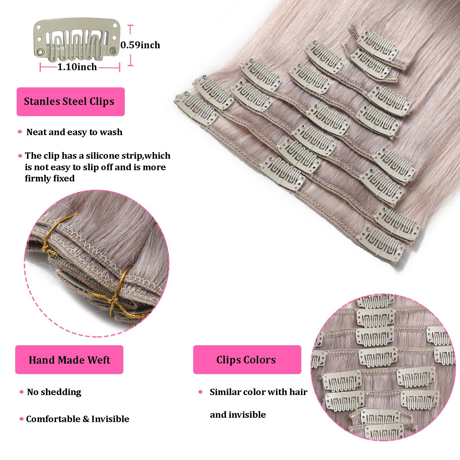 FIPOHIRA Silver Grey Clip in Hair Extensions Real Human Hair Clip ins Remy Human Hair Clip in Extensions Invisible Natural Straight Seamless Clip on Hair Extensions 8pcs Double Weft 22 Inch 90g