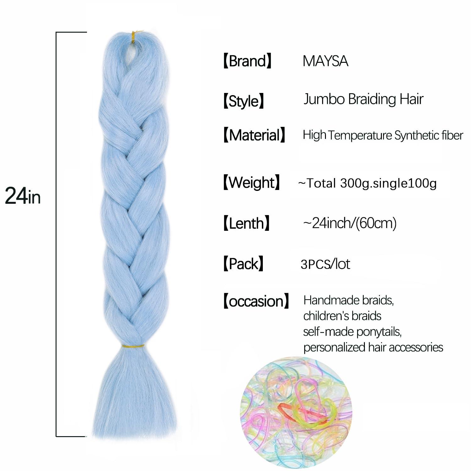 MAYSA Baby Blue Braiding Hair 24in, Blue Pre stretched Braiding Hair,3 Packs Synthetic Braiding Hair Extensions for Girls #Light Blue