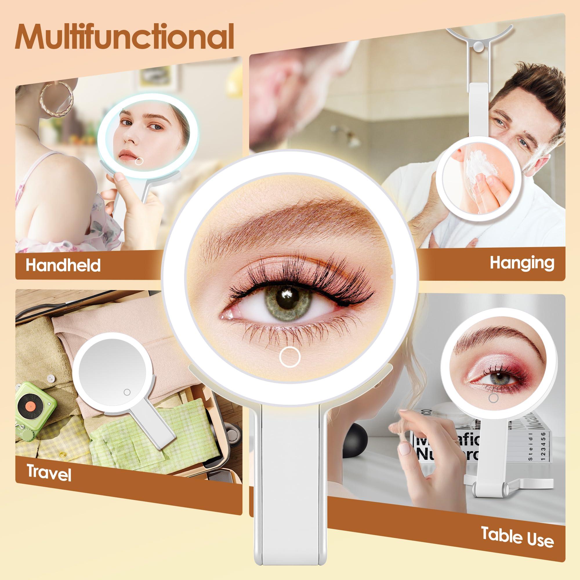 MIYADIVA MIYADIVA Travel Magnifying Mirror with Light, Double Sided 30X/1X Lighted Travel Makeup Mirror with Magnification, 3 Color Lighting, Dimmable Touch Screen, Adjustable & Foldable Hand Mirror(White)