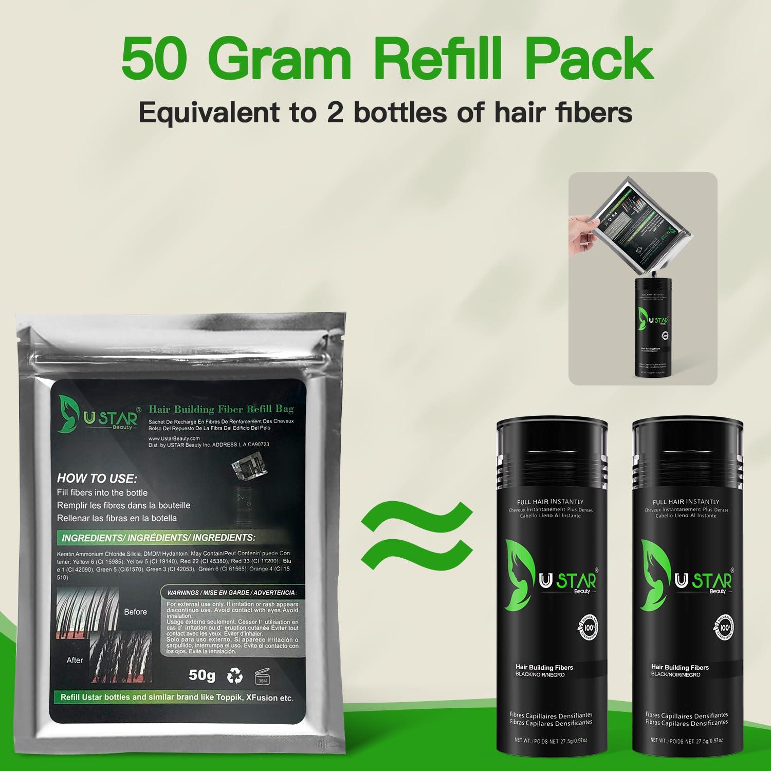 USTAR Hair Building Fibers Set, USTAR 5 in 1 Hair Fibers for Thinning Hair and Hair Fiber Spray, Natural Hair Filler Instantly Conceals Hair Loss, Hair Powder for Women & Men 27.5g (Black)