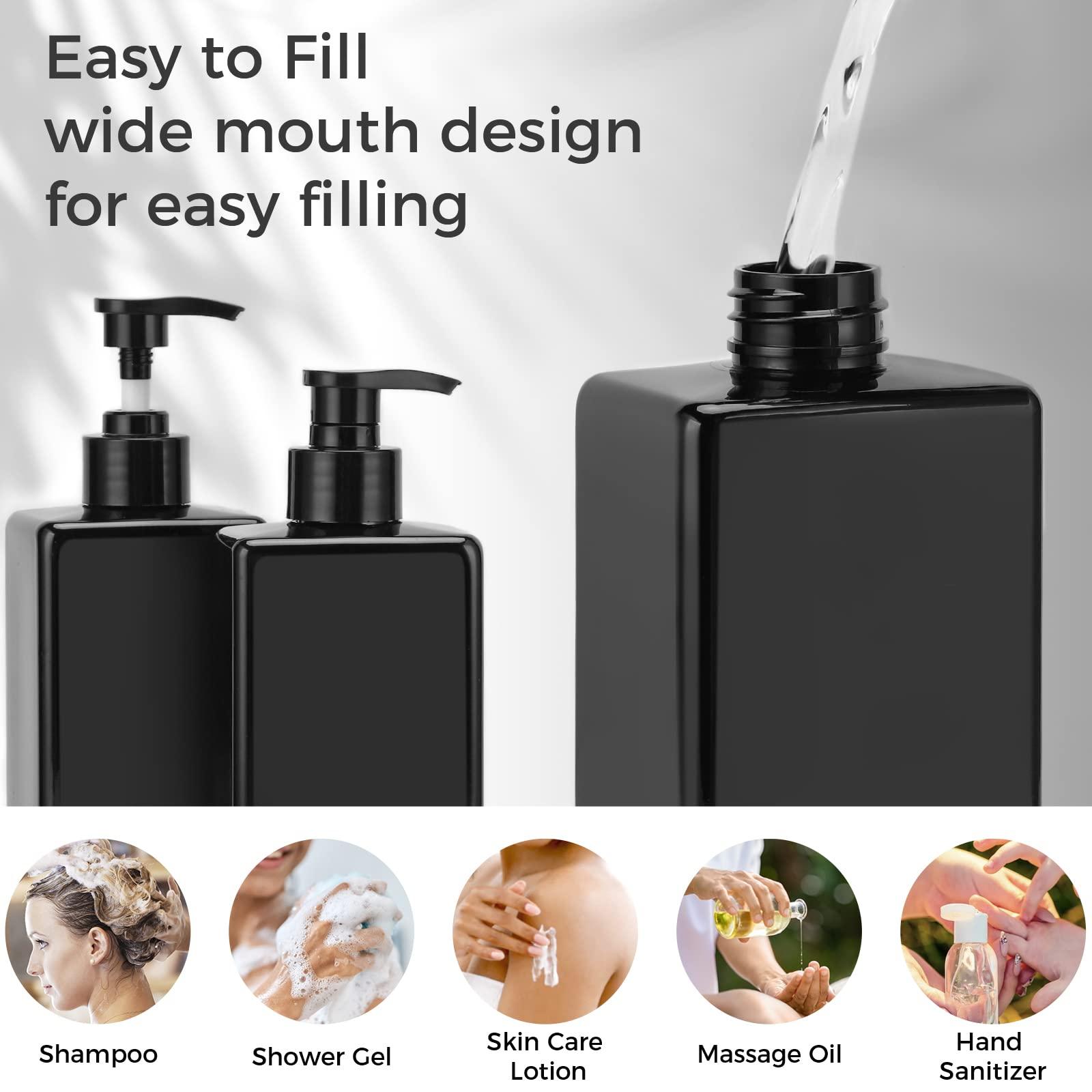 SUREAM Suream Shampoo and Conditioner Dispenser Set, 3Pack 16.9oz Bathroom Countertop Soap Bottle with 4PCS lables, Plastic Refillable Dispenser with Pump for Kitchen, Office, Travel, Resturant, Black