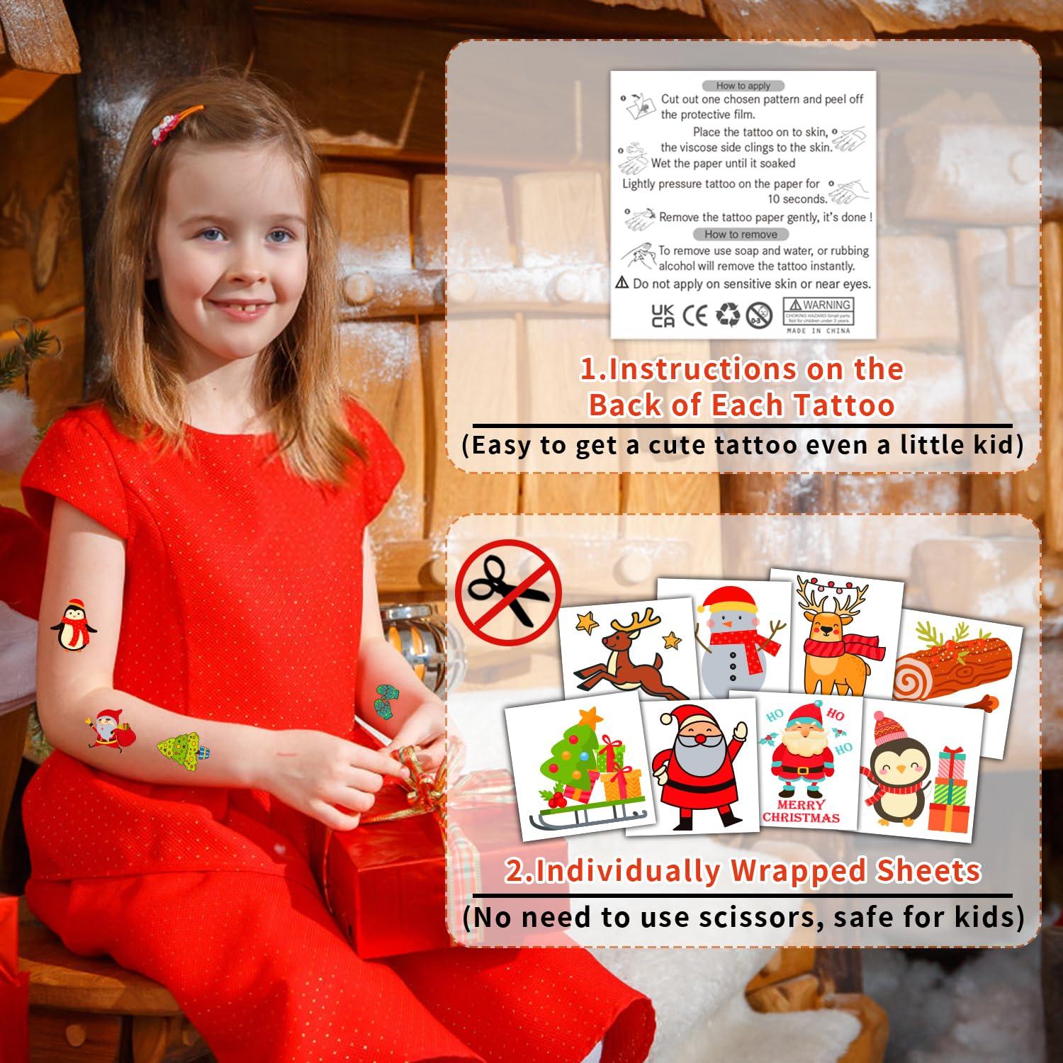 PARTYWIND Partywind Kids Christmas Party Supplies, 50 Styles Individually Cut Temporary Tattoos for Christmas Stocking Stuffers, Christmas Holiday Party Decorations with Santa/Snowman/Snowflake