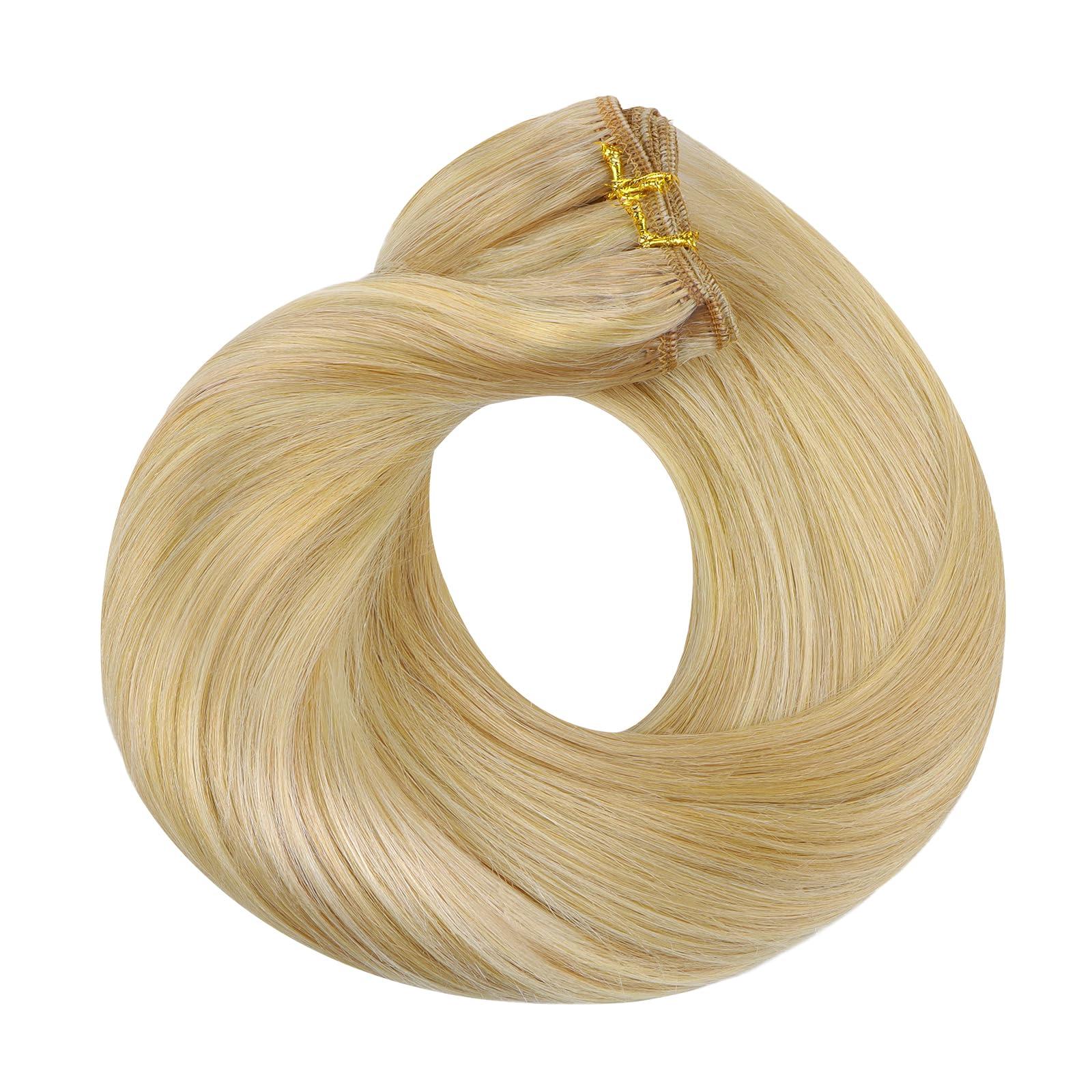 hotbanana HOTBANANA Sew in Hair Extensions Real Human Hair, 18inch 100g Weft Hair Extensions Light Blonde Highlighted Golden Blonde Sew in Hair Extensions Straight Remy Human Hair Weft Hair Extensions Full Head