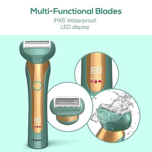 Baloba Electric Shaver for Women - Women Electric Razor - 3 in 1 Blades for Close Shave Arms Legs Underarms and Pubic Hair - Painless & Powerful Rechargeable Cordless Trimmer with LCD Display