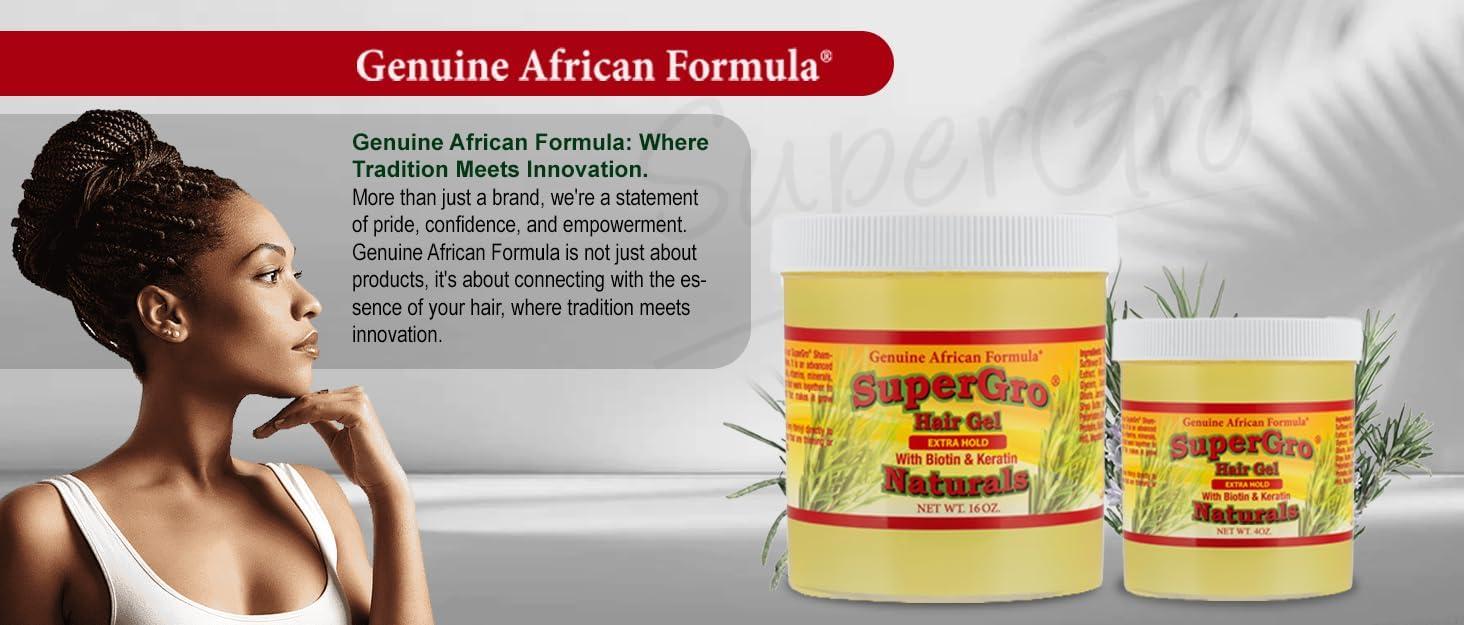 African Formulas SuperGro Hair Gel with Extra Hold - For Breading, Locking, Twisting, Retwisting, Styling - Natural Hair Gel for Nourishing, Shining for Silky, Wavy, Curly, Coily, Frizzy Hair - Hair Care Gel 4 oz