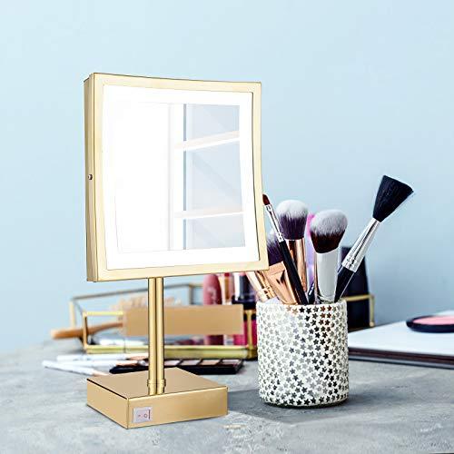 DOWRY DOWRY Tabletop LED Lighted 5X Magnifying Makeup Mirror Square with Plug 8 Inch Polished Gold Finished