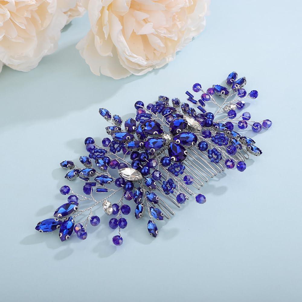 Aimimier Aimimier Bridal Royal Blue Crystal Hair Comb Sapphire Hair Piece Prom Party Festival Wedding Hair Accessories for Women and Girls