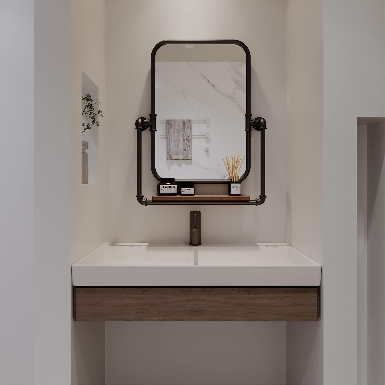 LuuLake LuuLake Rectangle Industrial Black Metal Pipe Hanging Wall Mirror Bathroom Mirror with Shelf Farmhouse Wall Decor