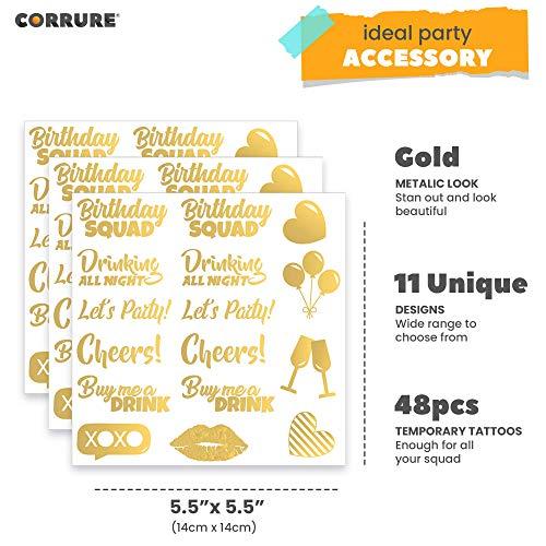 CORRURE CORRURE 48pcs Birthday Tattoos - Gold Temporary Tattoos Metallic for Women and Men - Happy Birthday Squad Tattoos for Girls, 18th 21st 25th 30th or Any Adult Bday - 11 Flash Party Tattoos