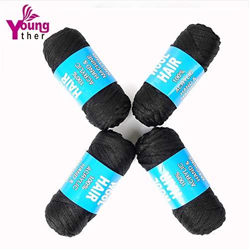 Youngther 100% Brazilian Wool Hair Acrylic Yarn for African Braids/Senegalese Twist/Faux Locs/Wraps with Crochet Hook(4 Roll, Natural Black)