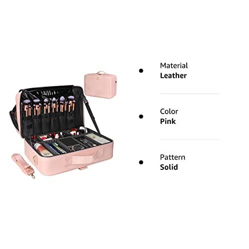 Relavel Relavel Makeup Case Large Makeup Bag Professional Train Case 16.5 inches Travel Cosmetic Organizer Brush Holder Waterproof Makeup Artist Storage Box, 3 Layer Large with Adjustable Strap (Pink)