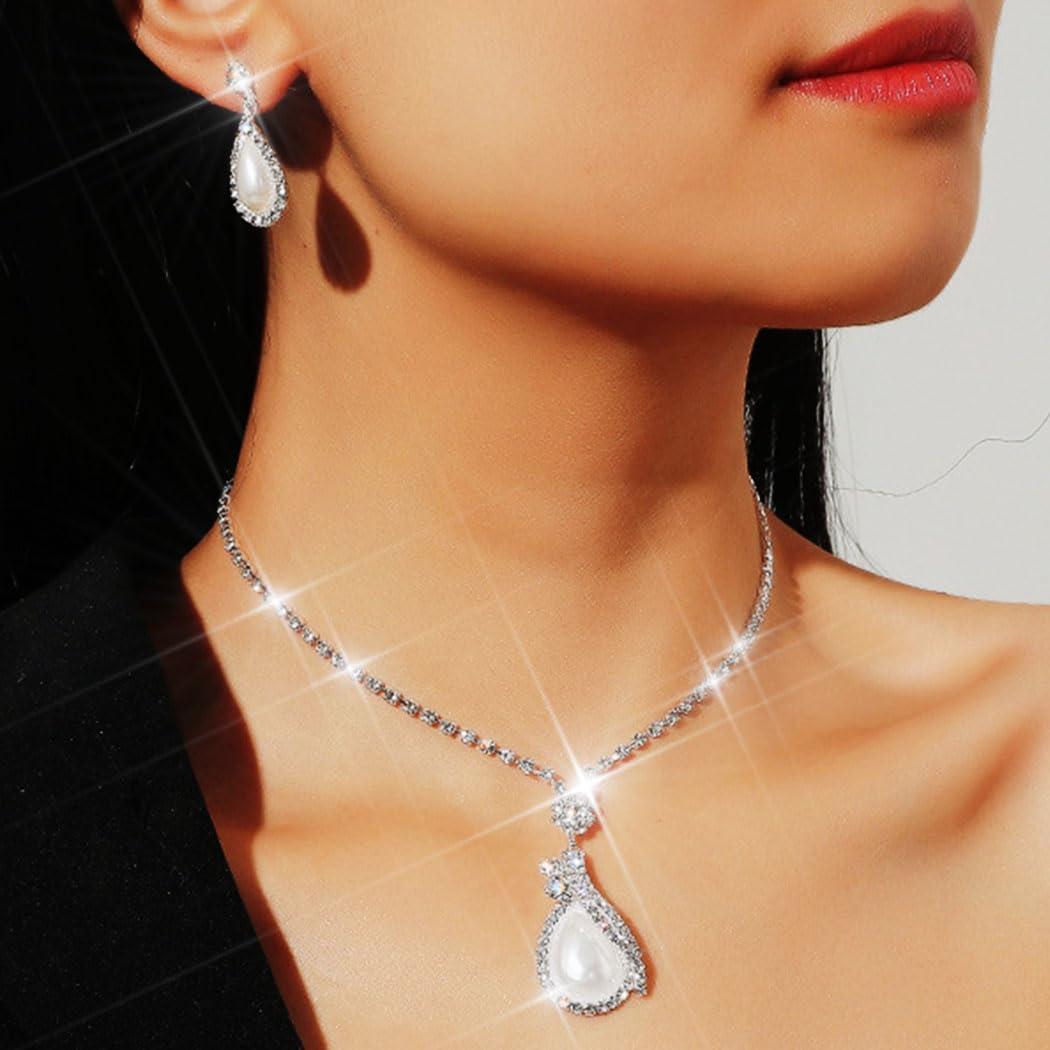 Yean Yean Bride Silver Necklace Earrings Set Crystal Bridal Wedding Jewelry Sets Rhinestone Choker Necklace for Women (Set 2)