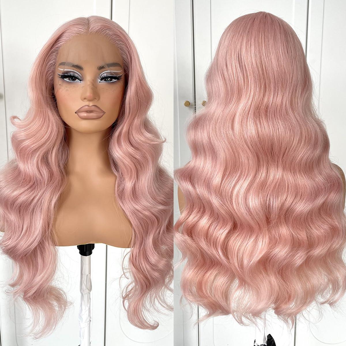 MITIMES MITIMES Pink Wigs Glueless HD Lace Front Wigs Pre Plucked Synthetic Body Wave Wear And Go Lace Front Wig For Cosplay Party Light Pink Wig With Natural Hairline For Fashion Women