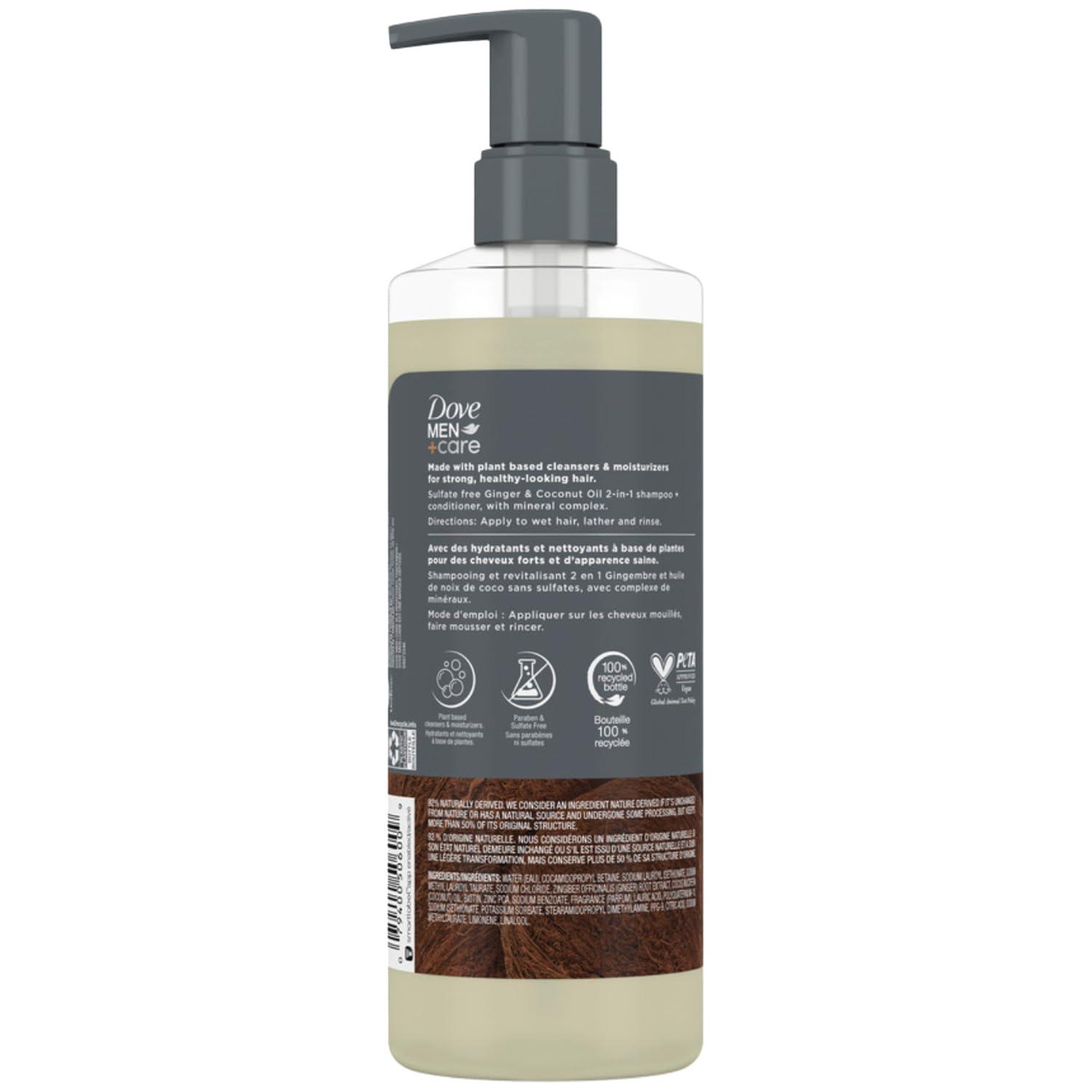 DOVE MEN + CARE DOVE MEN + CARE 2-in-1 Shampoo & Conditioner, Ginger & Coconut Oil, Hydration Mens Shampoo & Conditioner, Sulfate-Free, with Biotin & Zinc for Strong, Healthy Hair, 17.5 Oz (Pack of 4)